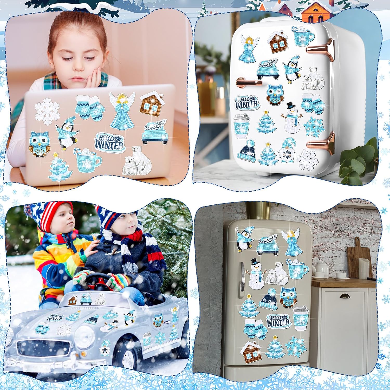 16 piezas de arte de diamantes de invierno para refrigerador, pintura de diamantes de Navidad, imanes de pingüino de invierno, copos de nieve,