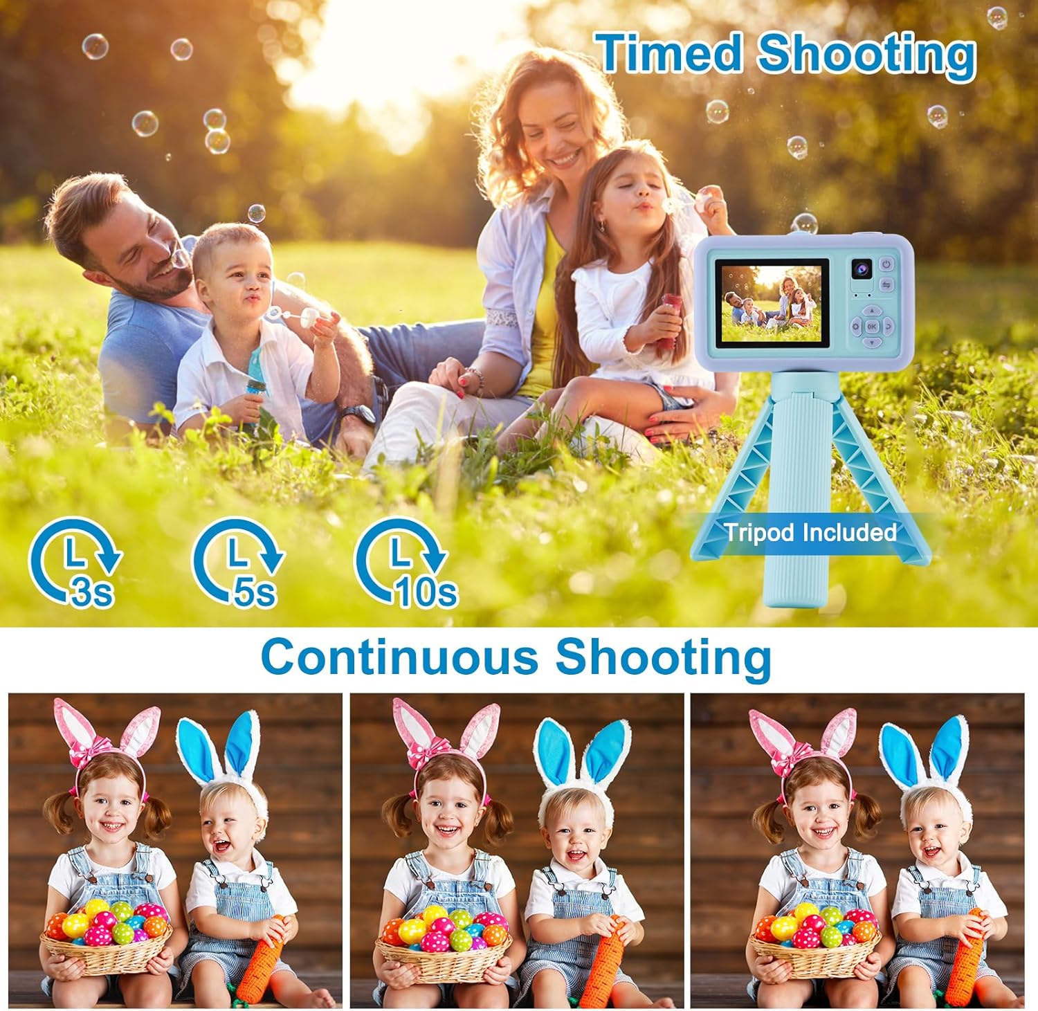 Seemee Cámara digital para niños con trípode, bonita funda de oso, marcos divertidos y efectos de espejo, tarjeta de 32G, regalos de cumpleaños de