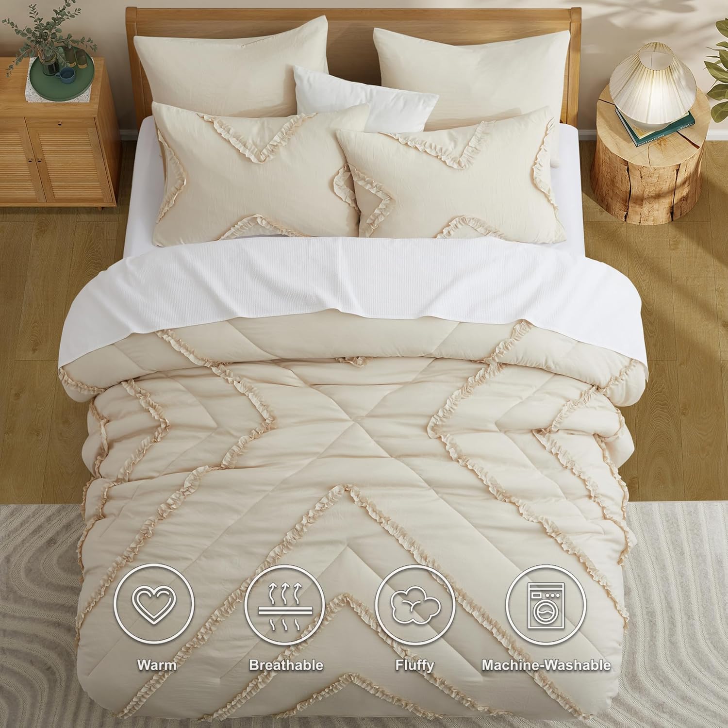 BEDAZZLED Juego de edredón King  Edredón beige con volantes de 5 piezas, ropa de cama en una bolsa, edredón de cama texturizado, elegante juego de