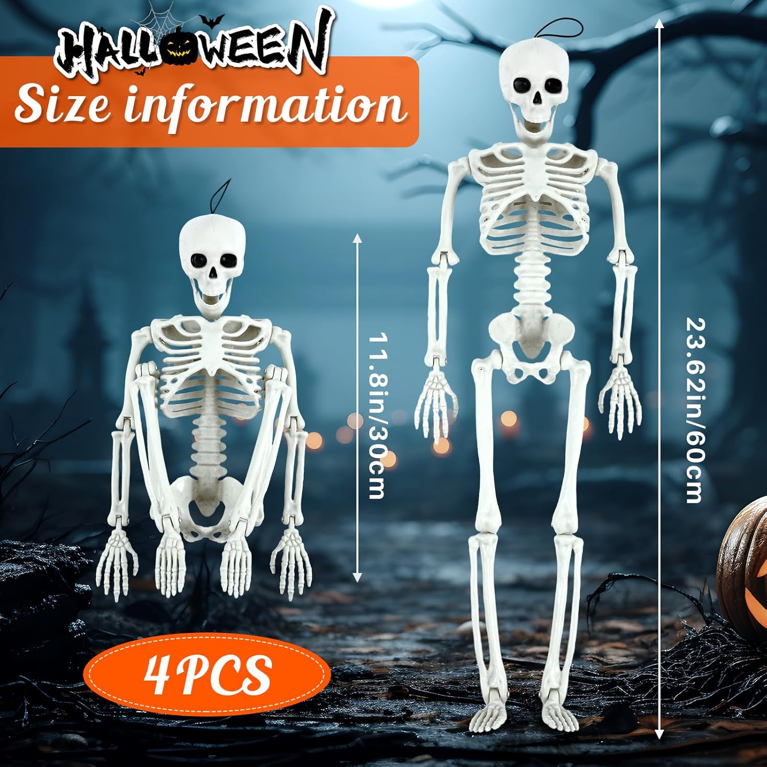 4 piezas de esqueleto de Halloween decoración de esqueleto posable tamaño completo esqueleto de Halloween esqueleto de plástico con articulaciones