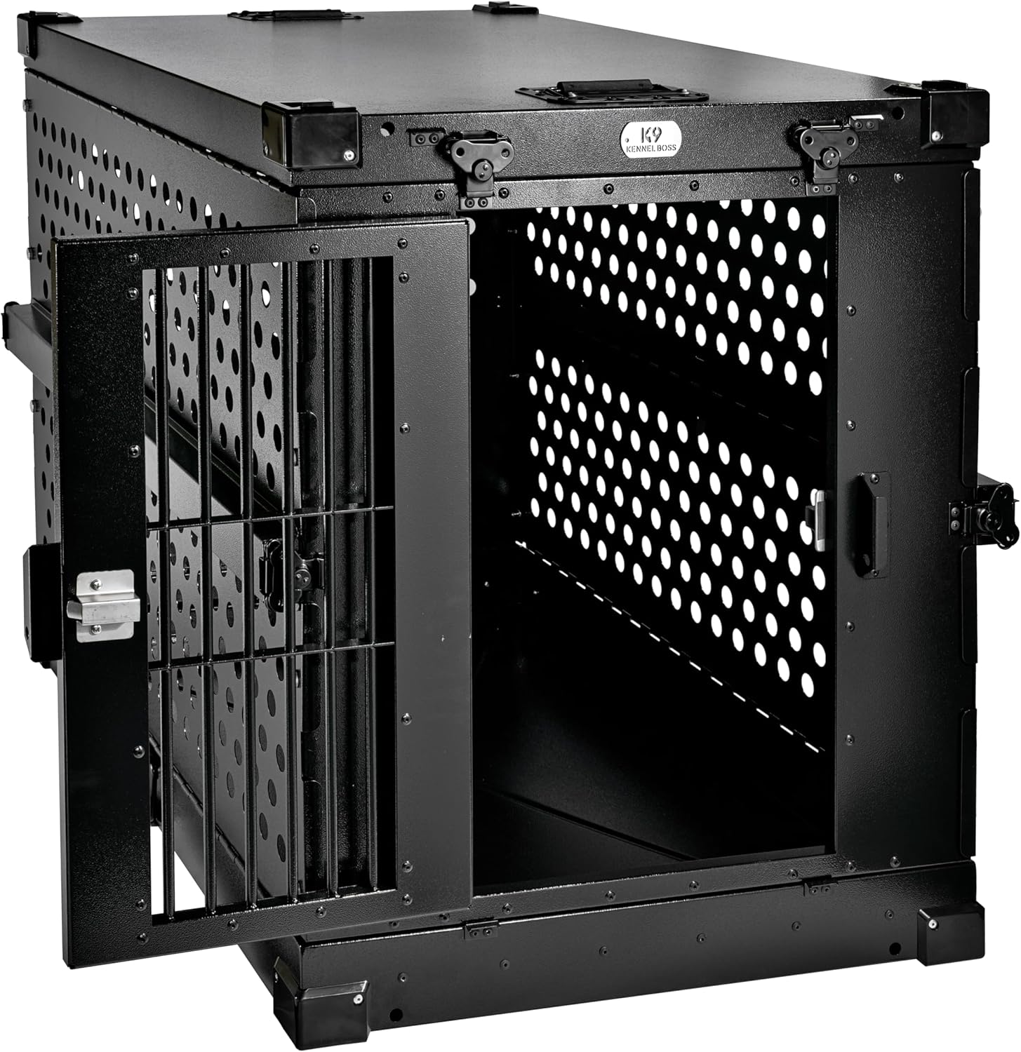 Caja para perros de aluminio con recubrimiento en polvo totalmente plegable y resistente – Grande (negro)