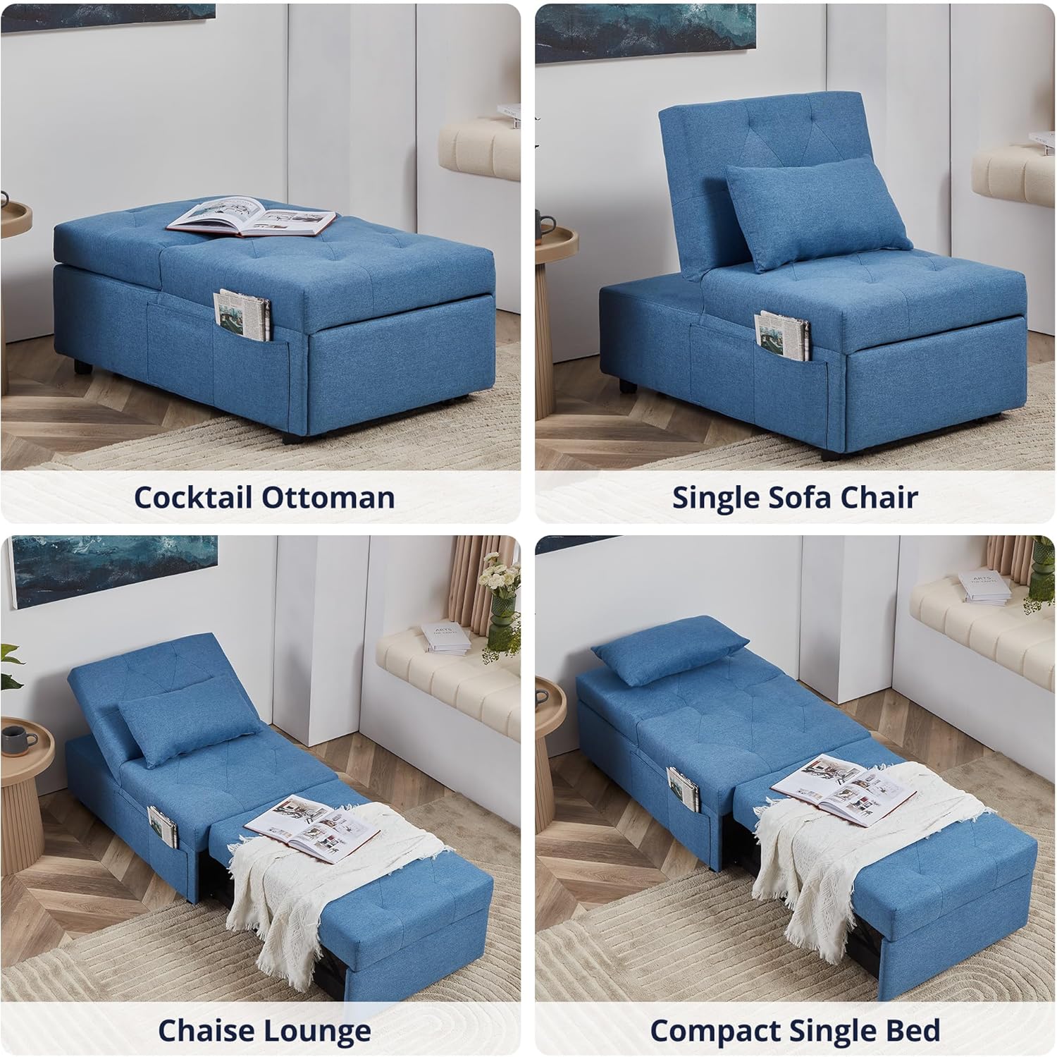 Cozy Castle Cama de silla, silla de cama extraíble, cama otomana 3 en 1, futón convertible, tumbona de lino duradero, sofá cama para sala de estar,