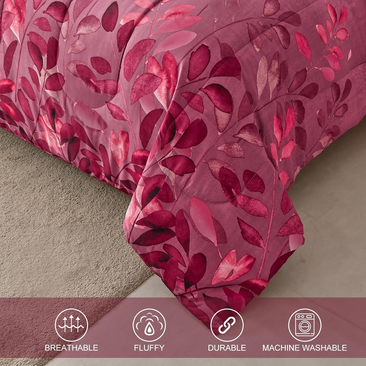 Juego de edredón floral de 7 piezas de color rojo en una bolsa, tamaño King, elegante juego de edredón floral de hojas botánicas para todas las