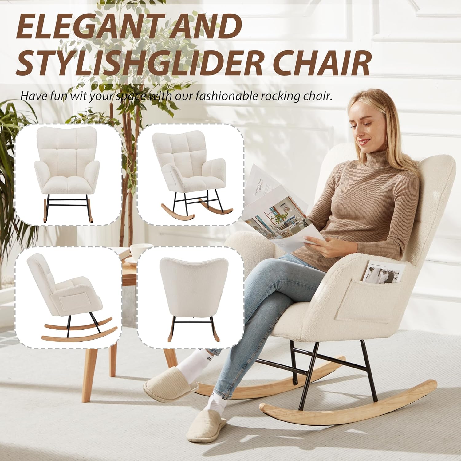 Mecedora para guardería, mecedora tapizada de peluche con respaldo alto, silla reclinable con bolsillo para dormitorio, sala de estar, oficina,