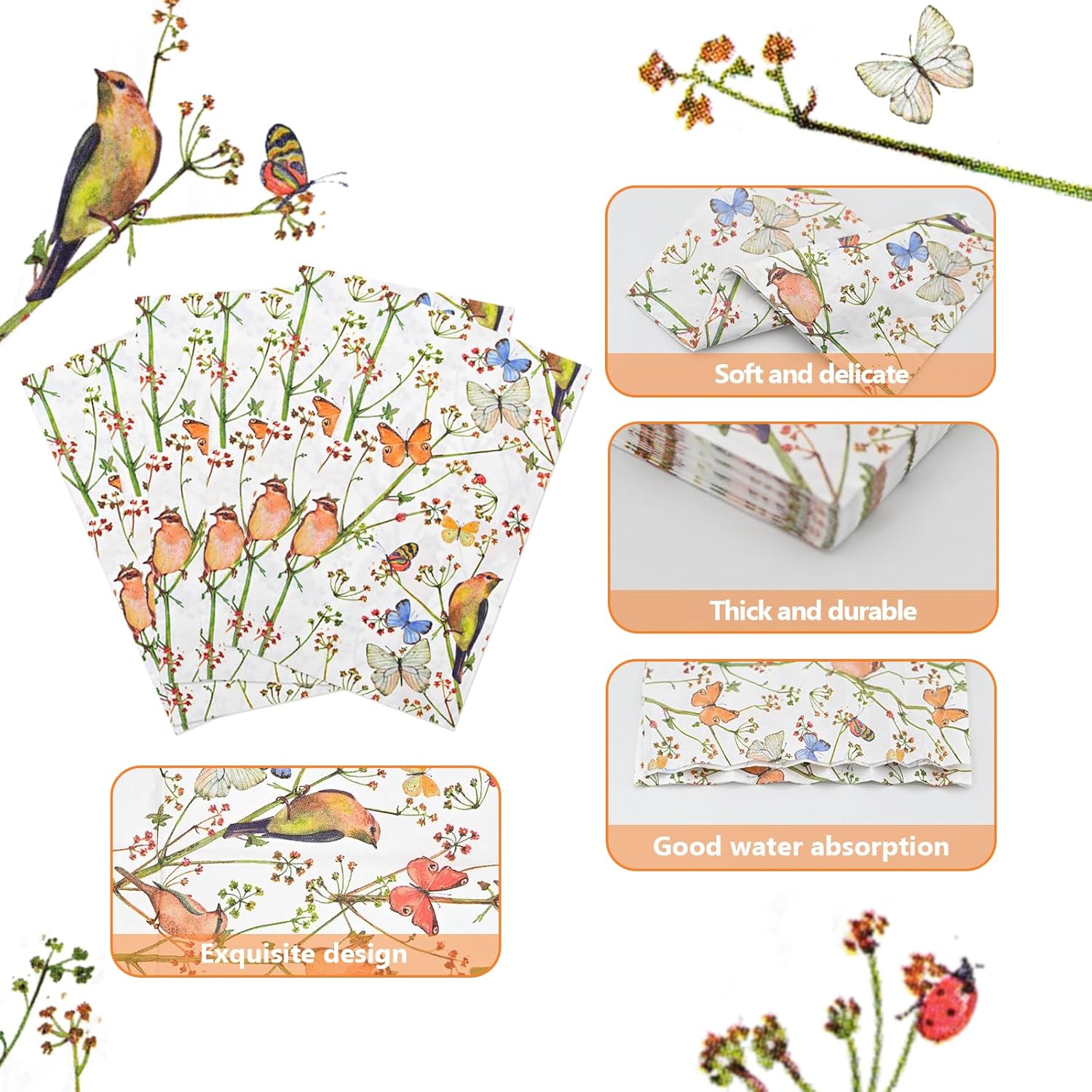 200 servilletas desechables de 3 capas desechables para baño, toallas de mano de acuarela mariposa floral decorativas servilletas de papel