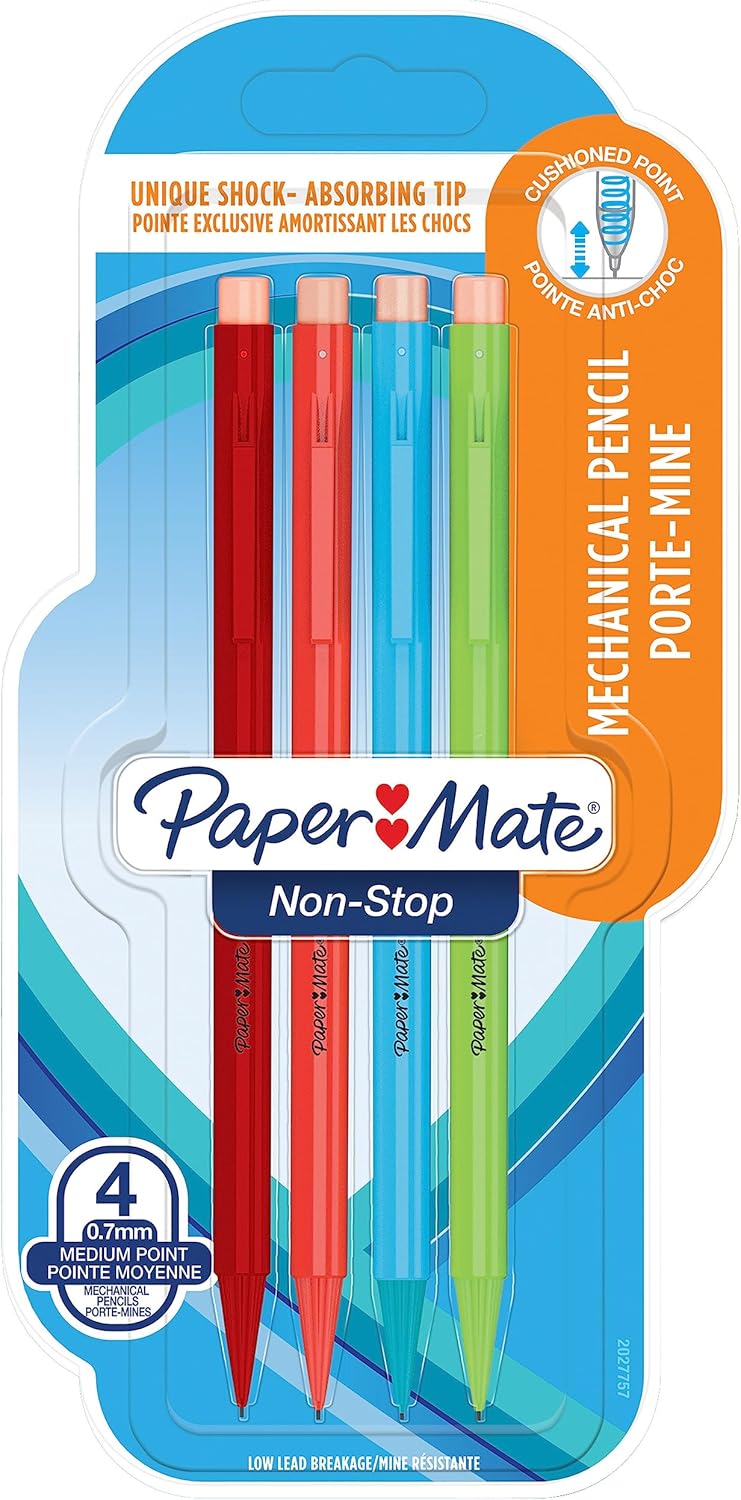 Paper Mate Portaminas sin parar  0.028 in  HB #2  Varios colores de barril de neón  4 unidades