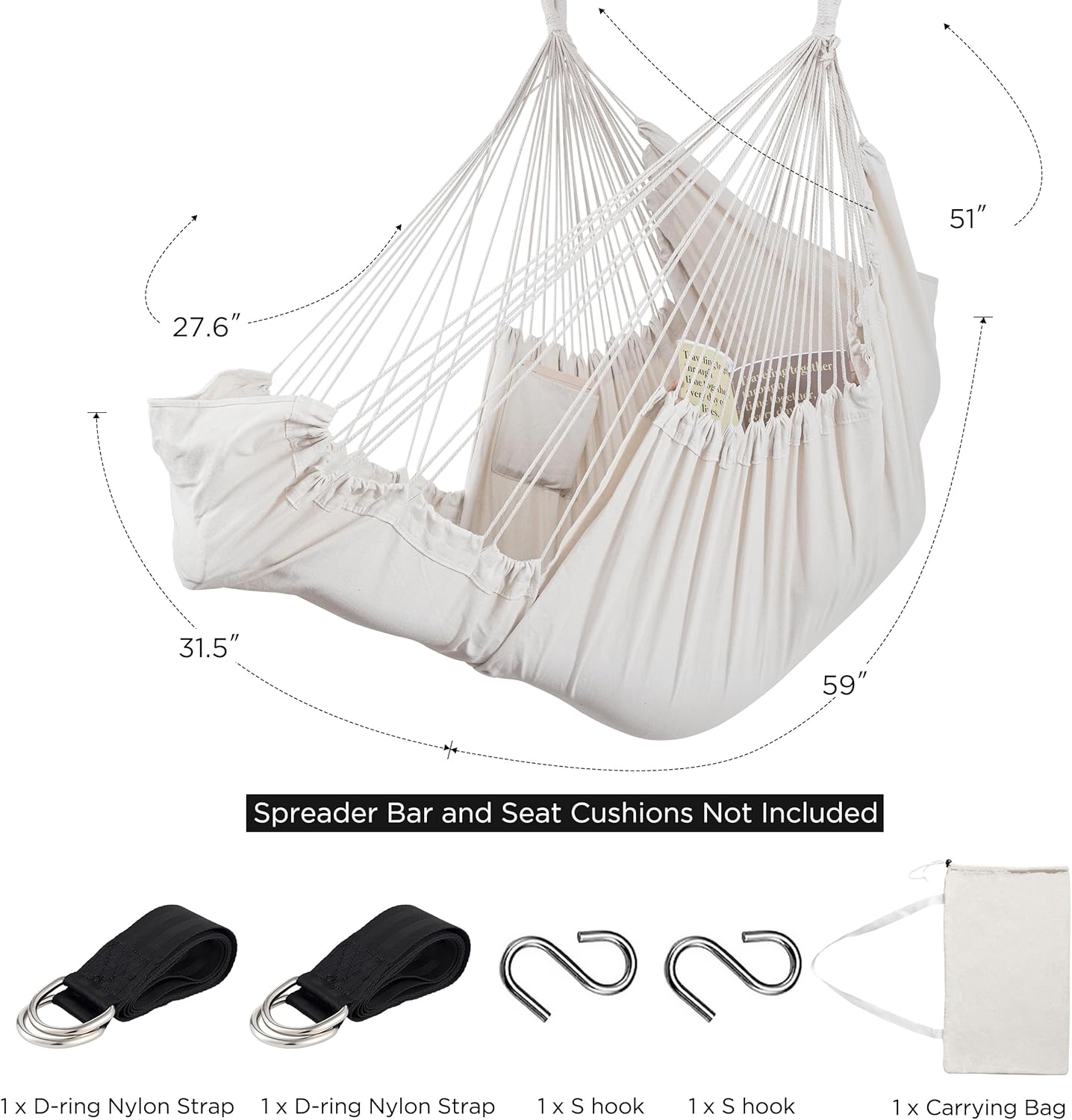 HBlife Hamaca extra de 500 libras, cómoda silla colgante de algodón, columpio para dormitorio, beige (sin varilla de metal) XXL