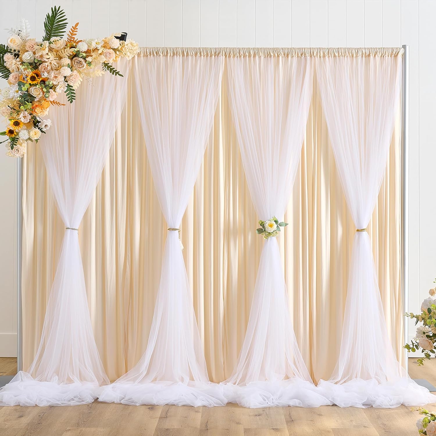 Paneles de cortina de tul champán de 30 x 10 pies, cortinas de tul blanco de doble capa, cortinas de tul de poliéster sin arrugas para bodas,