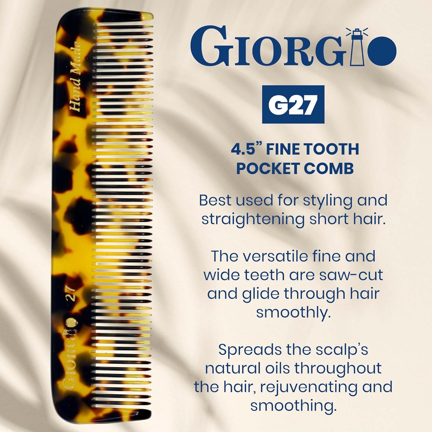 Giorgio G27 – Peine de bolsillo de dientes finos hecho a mano, alisador de peine para el cuidado diario del cabello, bigote y barba para hombres,
