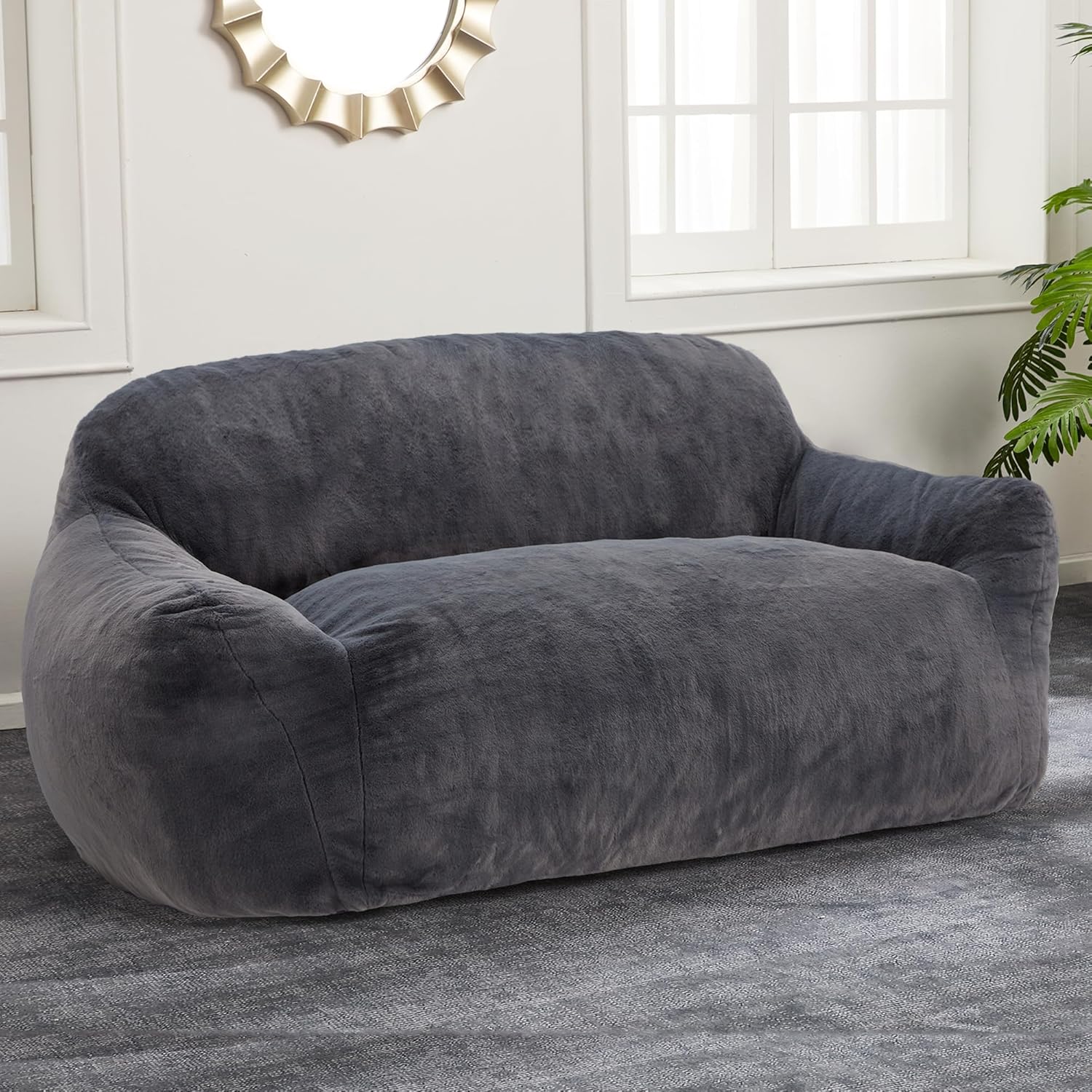 Homguava Puf de gran tamaño para adultos, sofá de puf gigante, sofá de suelo con funda de piel sintética suave y reposabrazos anchos, sofá grande