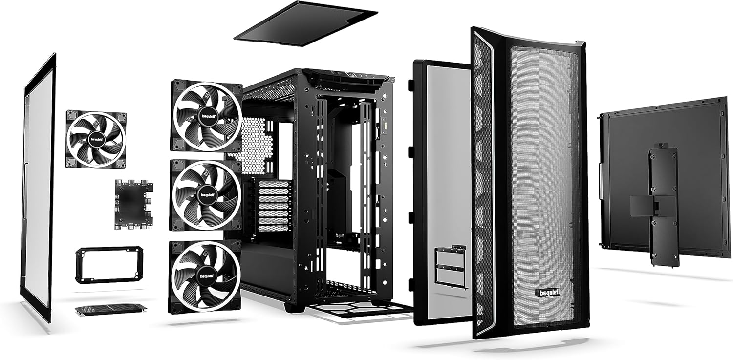 be quiet! Shadow Base 800 FX – ARGB – 4 ventiladores PWM de 5.512 in de alas ligeras – Carcasa para juegos de PC de torre media – Radiadores de