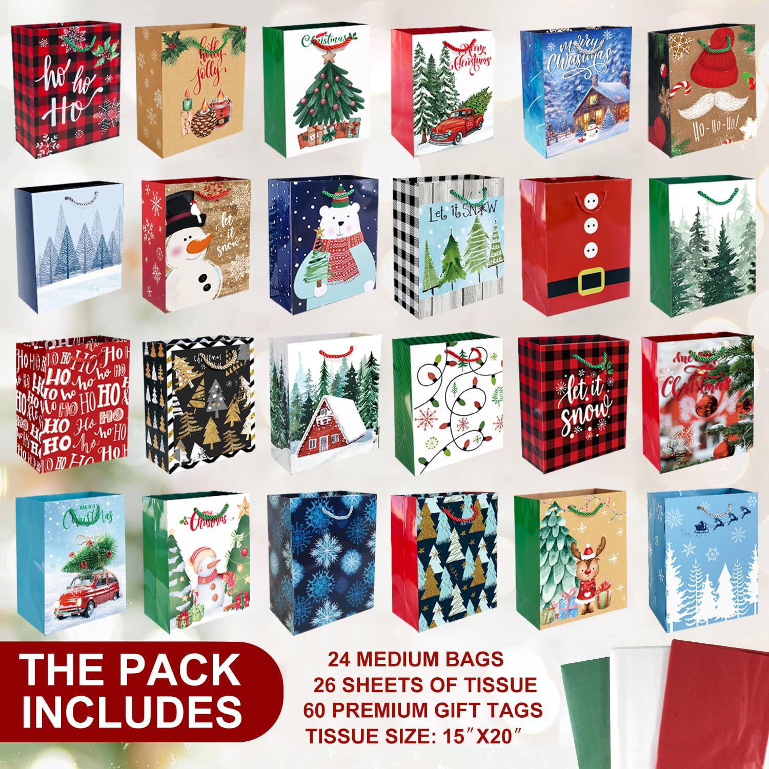 24 bolsas pequeñas de regalo de Navidad a granel con asas, 26 papel de seda y 60 etiquetas de regalo de Navidad, juego de 24 diseños surtidos de