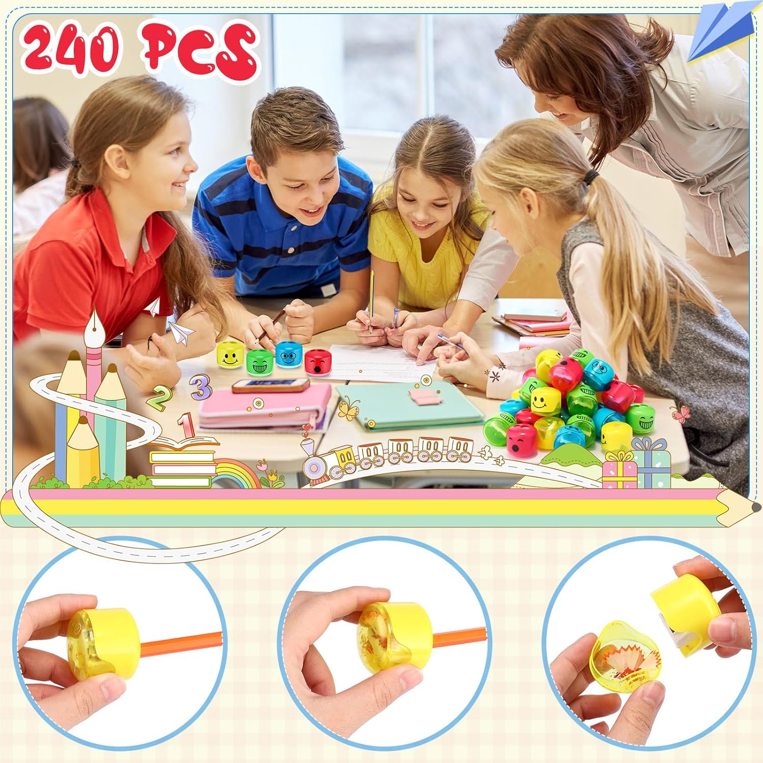 240 sacapuntas de mano para niños, sacapuntas manuales de doble agujero, sacapuntas de expresión de dibujos animados coloridos para escuela,