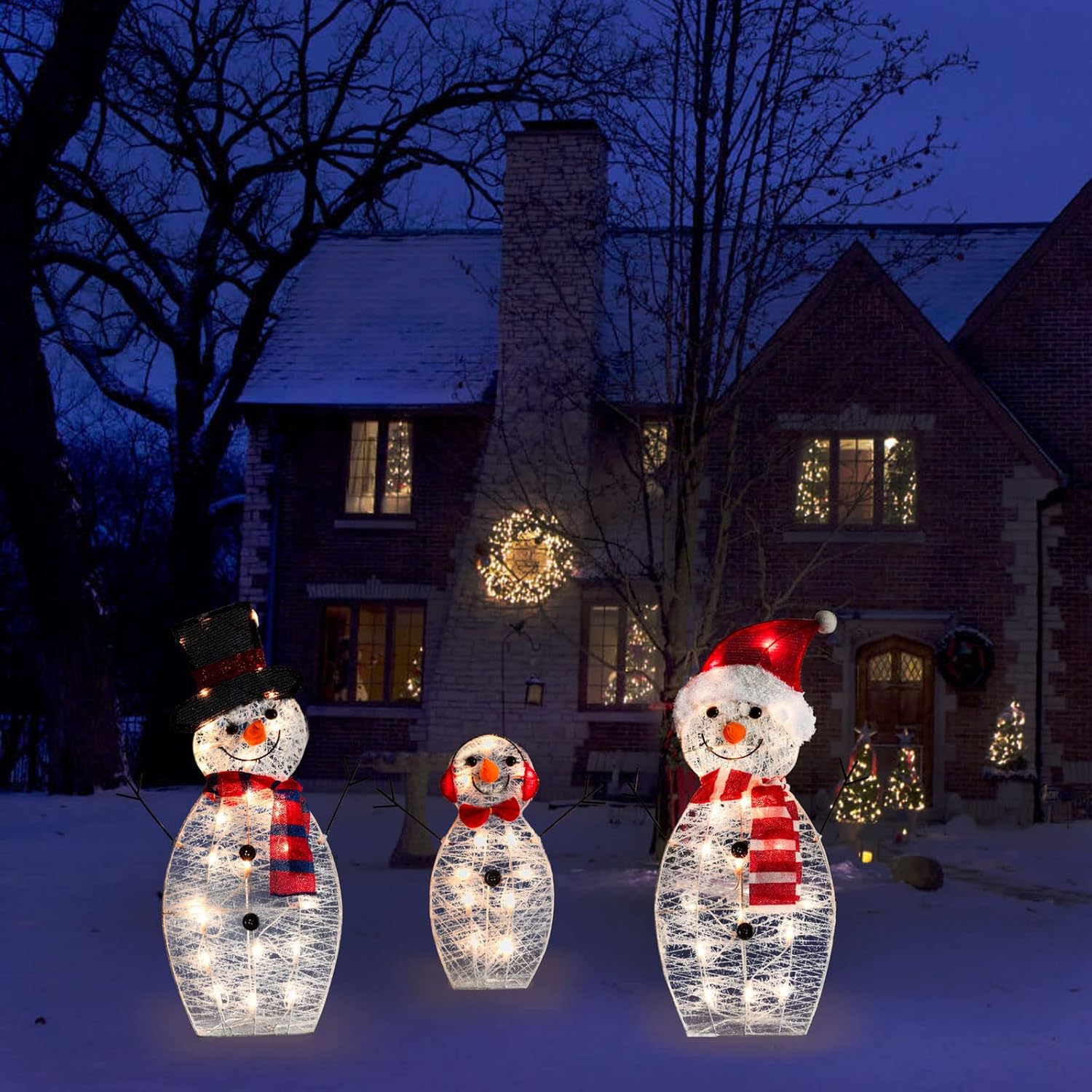 SUNNYPARK Juego de 3 decoraciones navideñas de muñeco de nieve para exteriores, 31 pulgadas, 60 luces preiluminadas para exteriores, decoraciones de