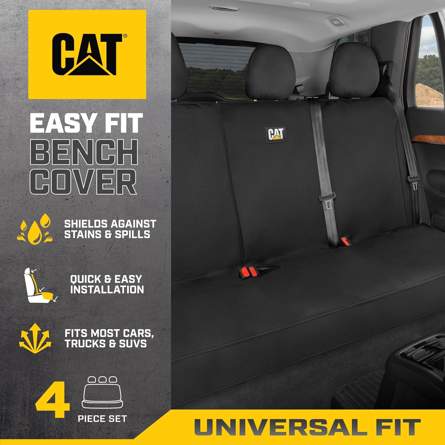 Cat Flexfit Funda de asiento para coches, camiones SUV, protector de banco trasero dividido con cremallera y material de lona duradero, cubierta