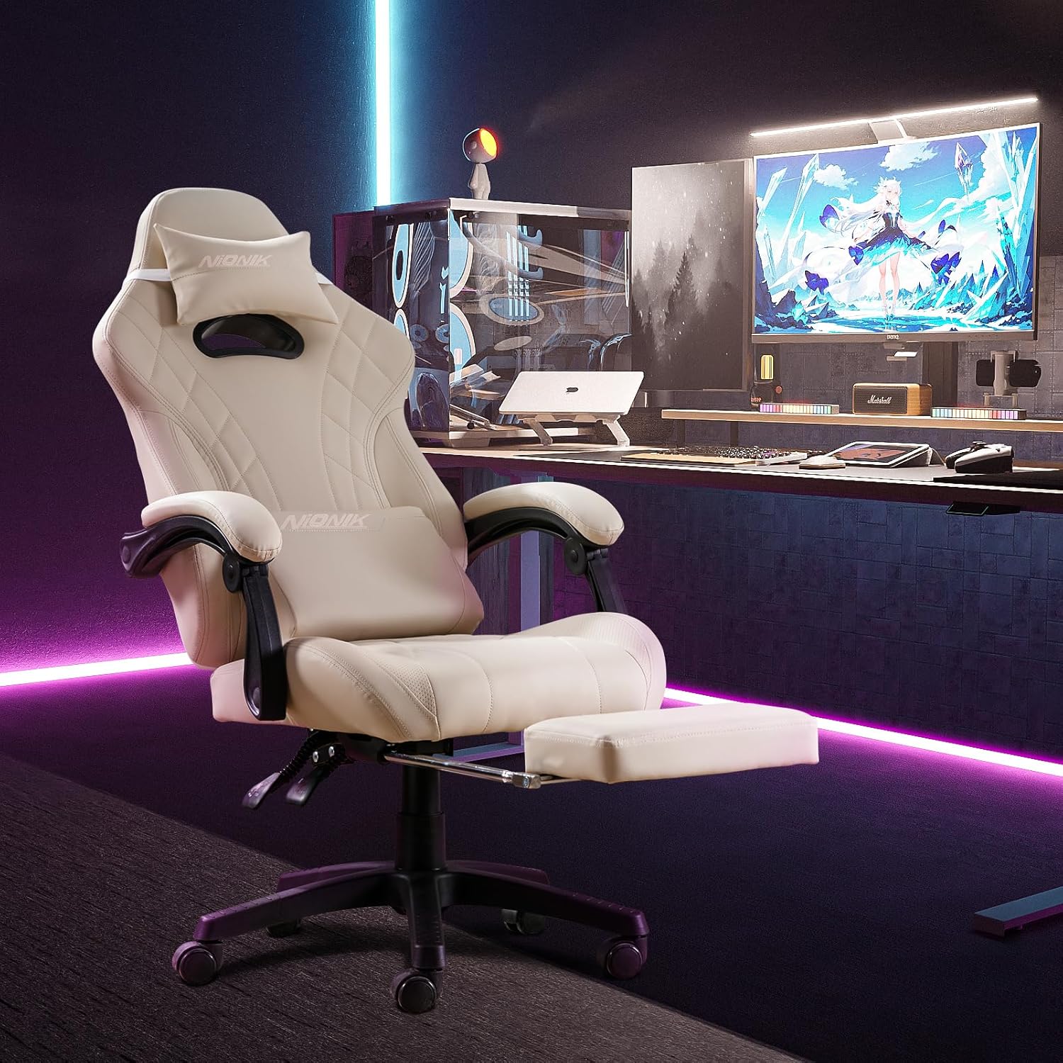 SEGEDOM – Silla de juegos con reposapiés y soporte lumbar de masaje, silla ergonómica para videojuegos, sillas de videojuegos de oficina con altura