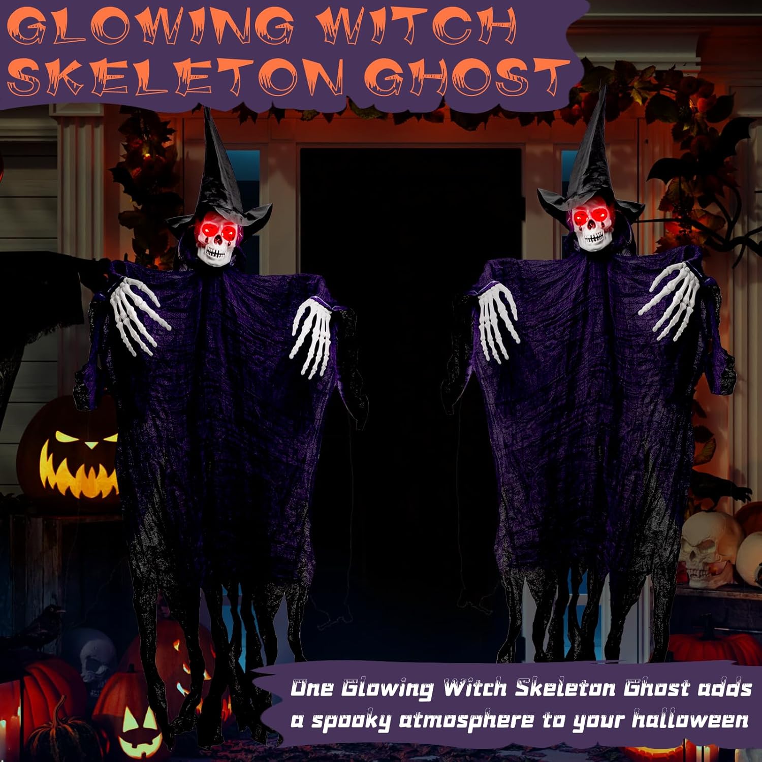 Decoración de Halloween, fantasma de esqueleto de bruja colgante, 41.3 pulgadas con ojos brillantes, decoraciones de Halloween para exteriores,