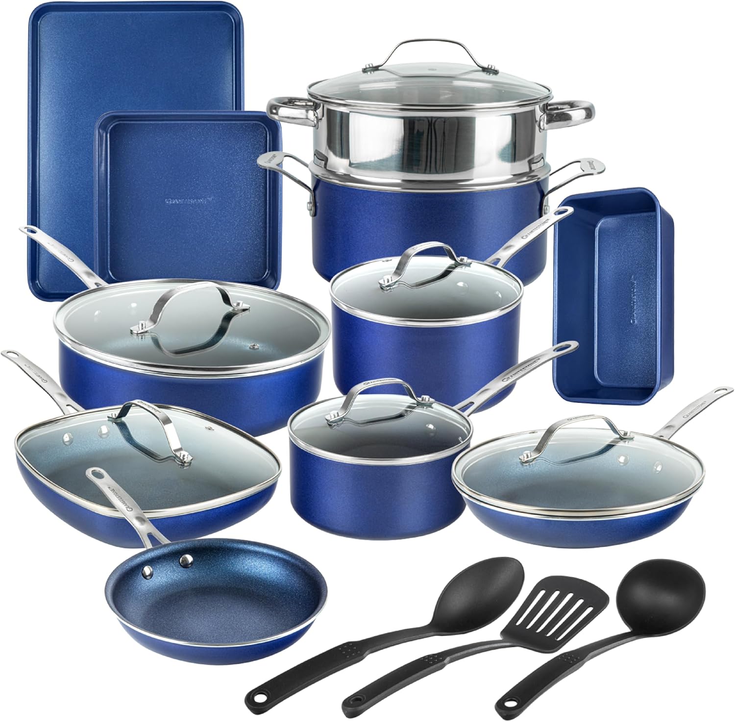 GRANITESTONE Juego de 20 ollas y sartenes de cocina antiadherentes, juego de utensilios de cocina antiadherentes de granito, juego de ollas y