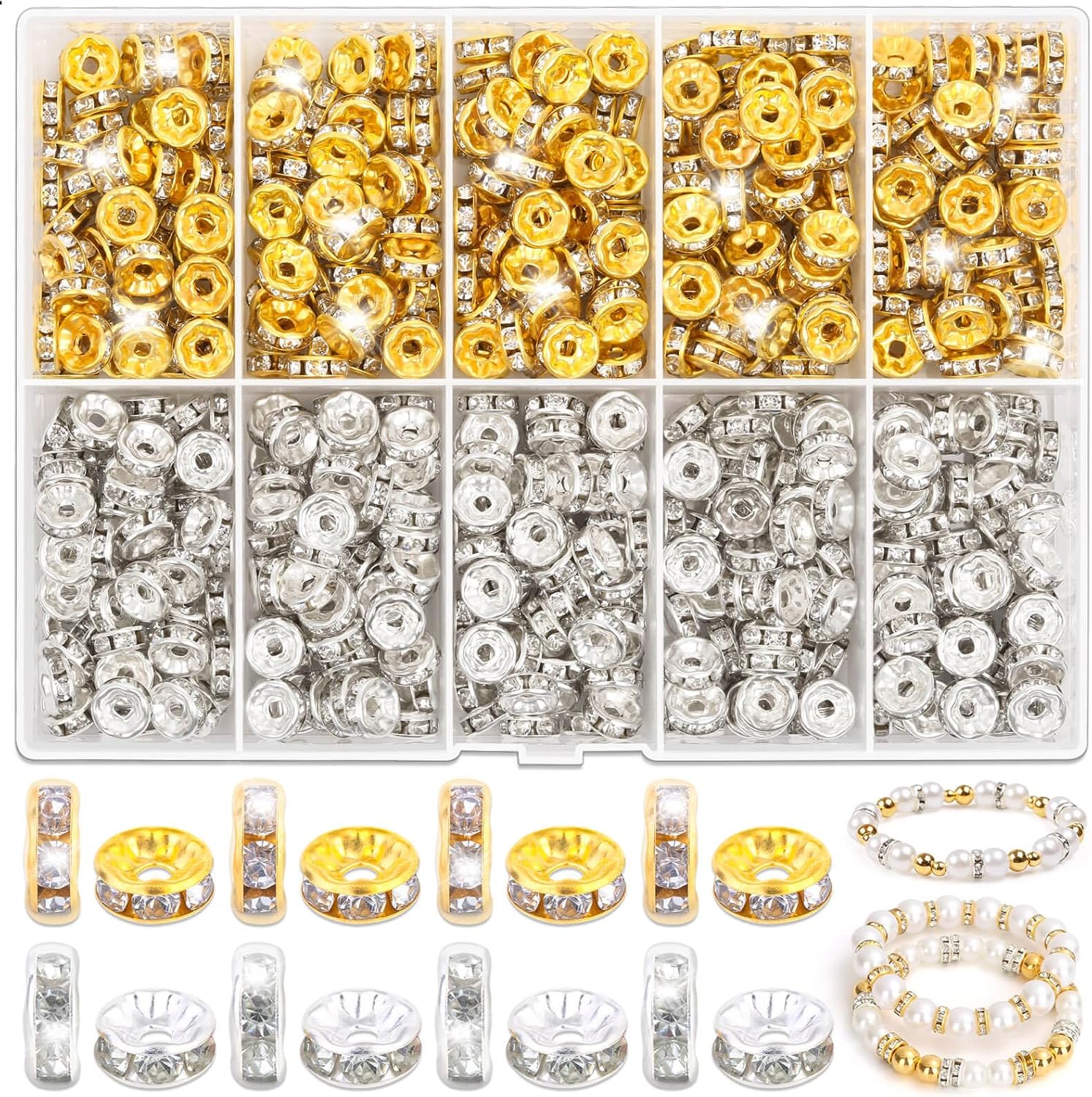 Rondelle – Cuentas espaciadoras para hacer joyas, 600 cuentas espaciadoras de diamantes de imitación para pulseras, cuentas focales para bolígrafos