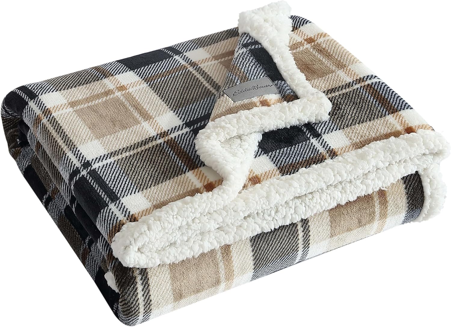 Eddie Bauer Manta reversible de vellón sherpa, ropa de cama y decoración del hogar, para todas las estaciones, (Rugged Plaid Beige), beige a cuadros