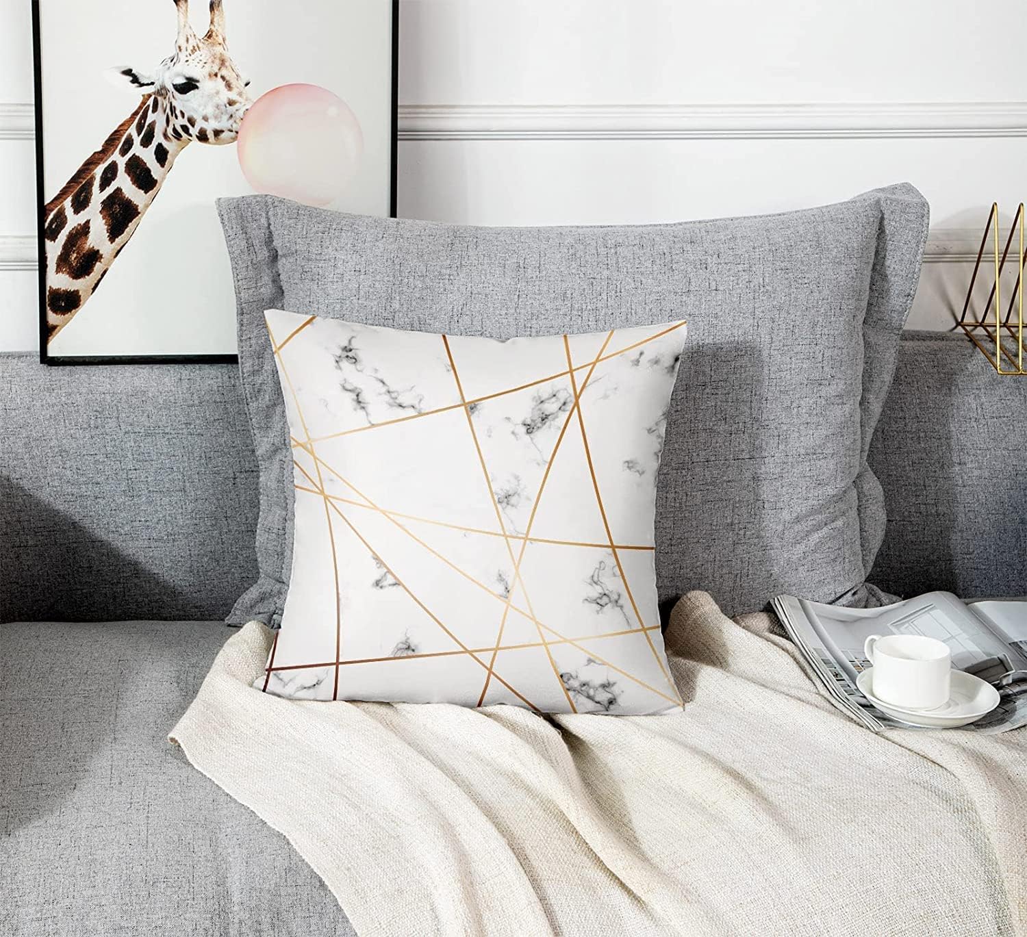 Funda de almohada con diseño de mármol de piedra gris con líneas geométricas doradas, mármol blanco y negro, moderna, lujosa, bloque rosa, funda de