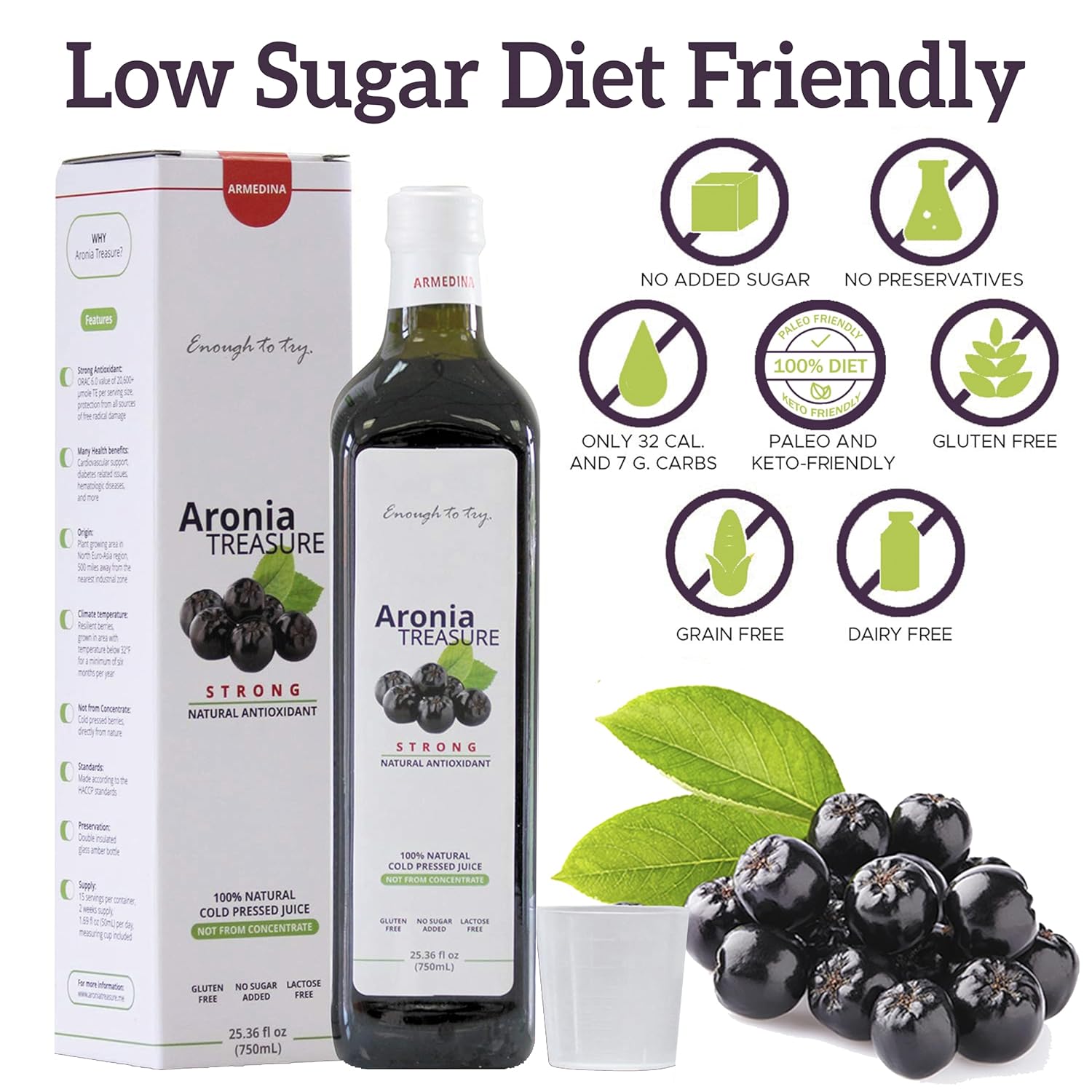 2 Aronia Treasure Jugo de bayas 100% de Aronia (Chokeberry) suministro de 1 mes, 1 disparo por día. Di sí a reovery, energía y protección