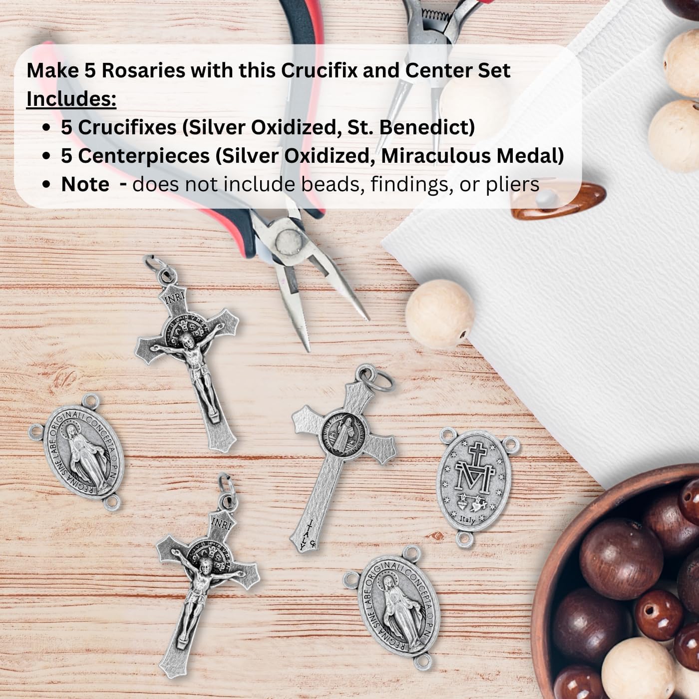 Caritas et Fides Kit de rosario italiano para 5 rosarios  Cruz y centro de rosario católico con crucifijo de San Benito de 1.5 pulgadas y medalla