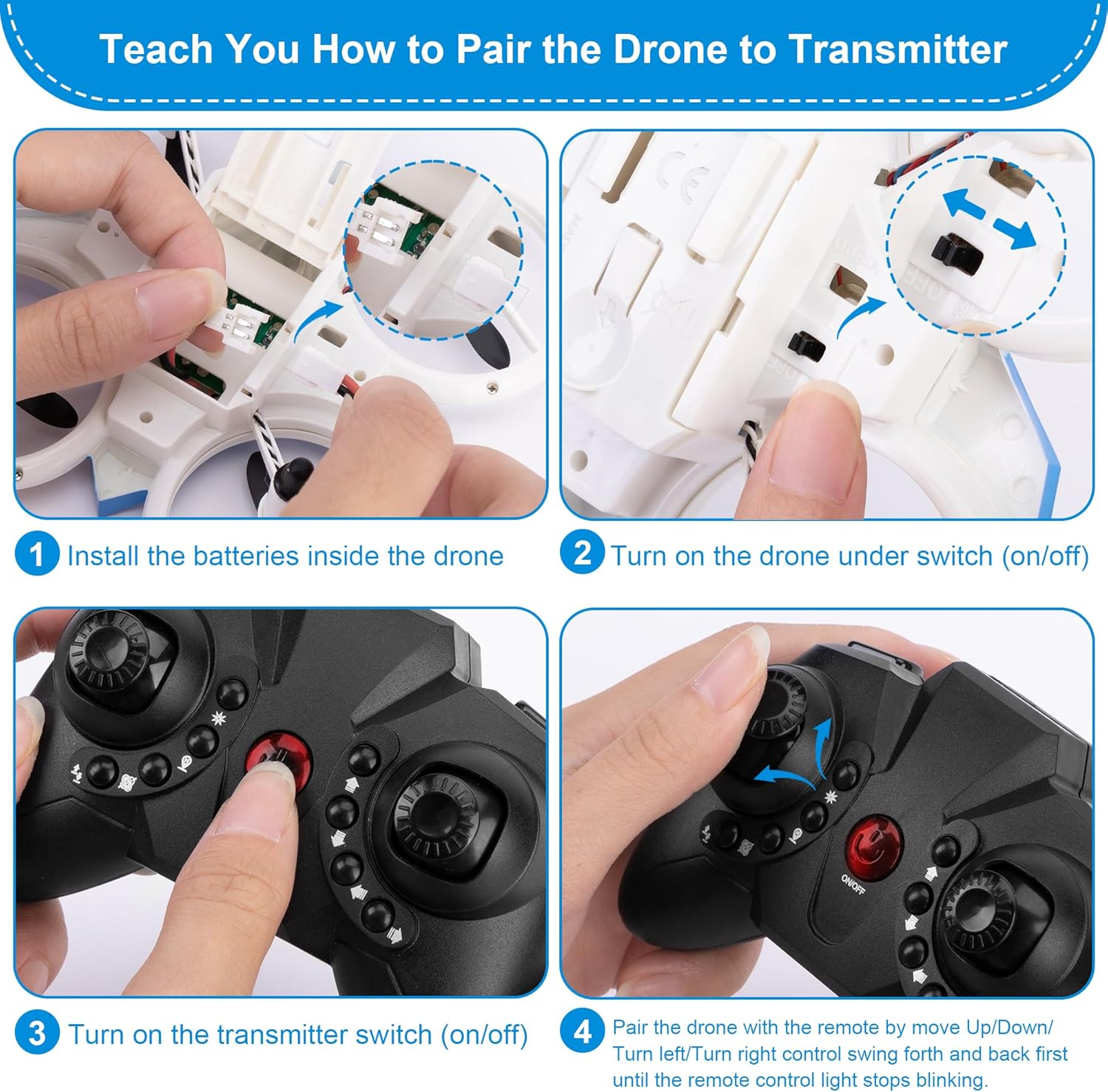 Drones para niños, paquete de 2 con luces LED coloridas deslumbrantes, mini dron para niños, 2 baterías, control remoto, modo sin cabeza, giro 3D,