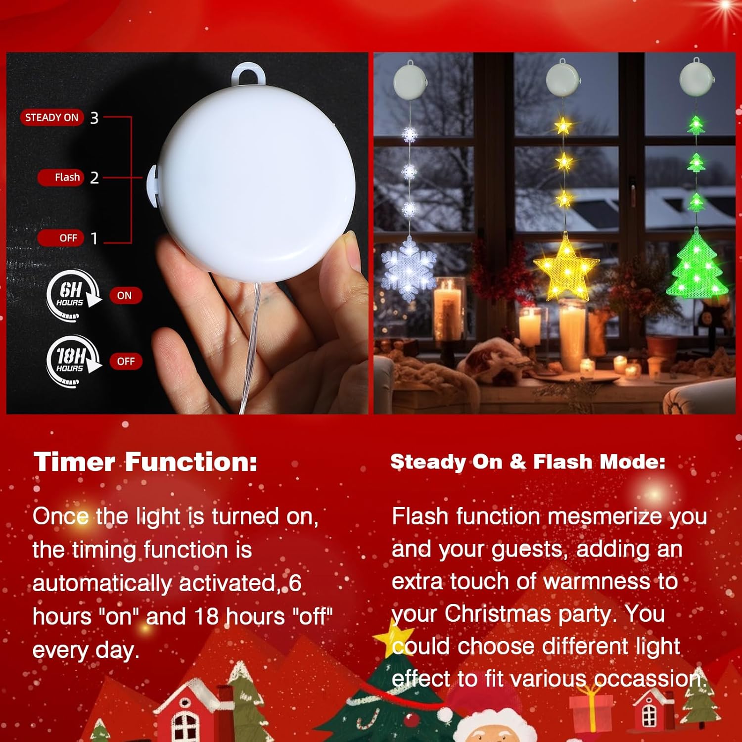Decoraciones de Navidad, 3 luces de Navidad para ventana, alimentadas por pilas, decoración de ventana de Navidad, árbol y copo de nieve y forma de