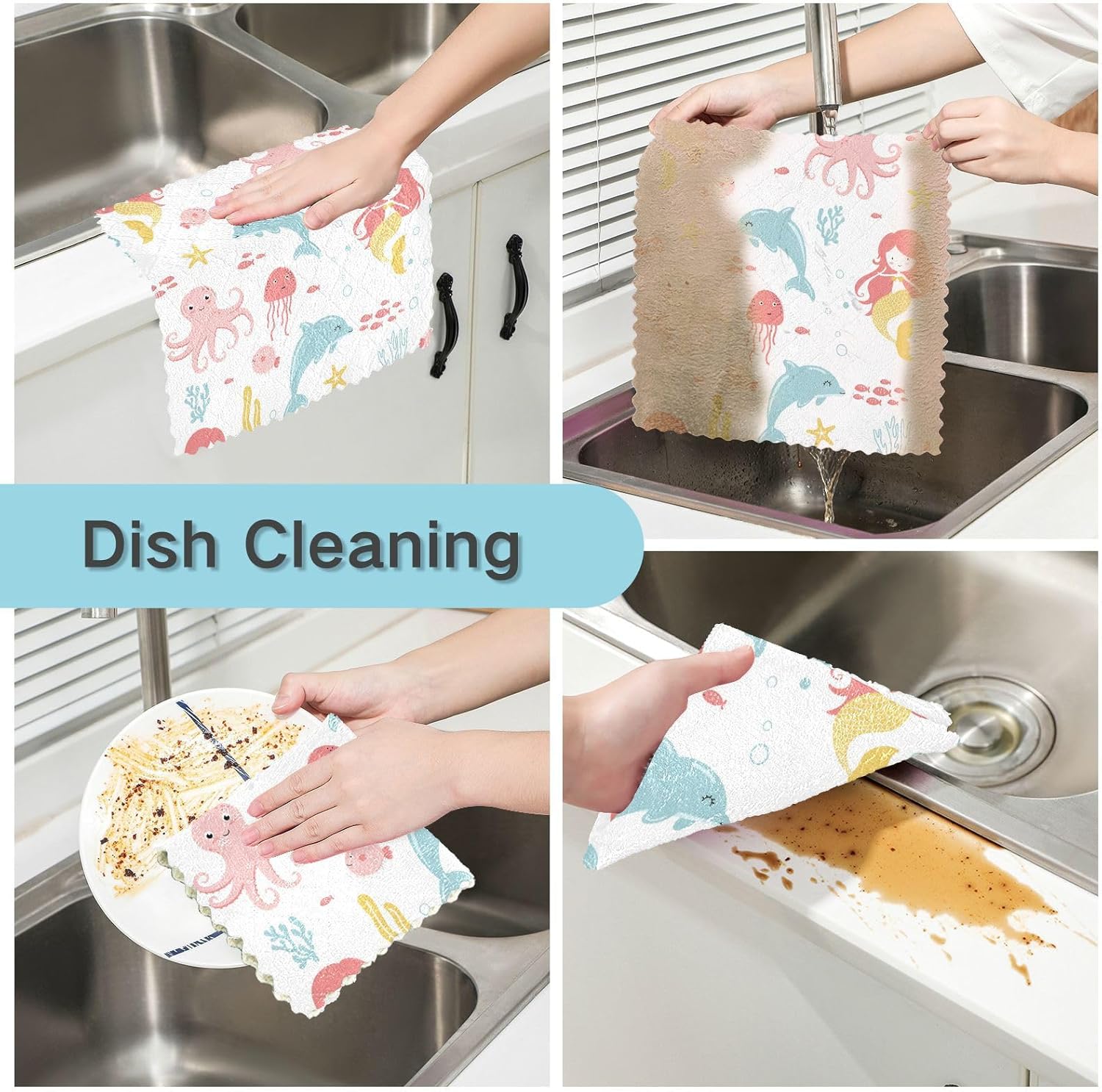 Dolphin Kawaii Mermaid Soft Decorative Microfiber Dish Drying Towel Quick Dry 6 Pack Kitchen Tea Towels for Bathroom Sink