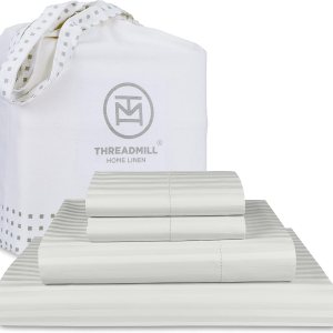 Threadmill Sábanas de tamaño queen, 100 % algodón, 600 hilos, 4 piezas, diseño de damasco, rayas, gris claro, calidad de hotel, algodón peinado de Threadmill Sábanas de tamaño queen, 100 % algodón, 600 hilos, 4 piezas, diseño de damasco, rayas, gris claro, calidad de hotel, algodón peinado de