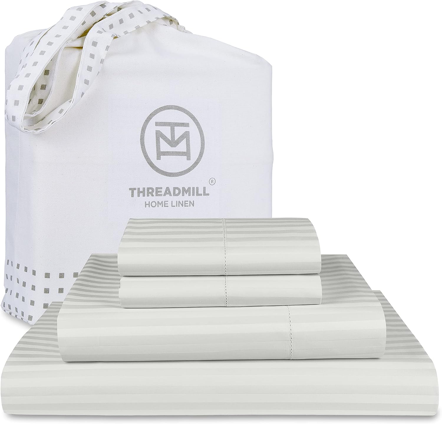 Threadmill Sábanas de tamaño queen, 100 % algodón, 600 hilos, 4 piezas, diseño de damasco, rayas, gris claro, calidad de hotel, algodón peinado de