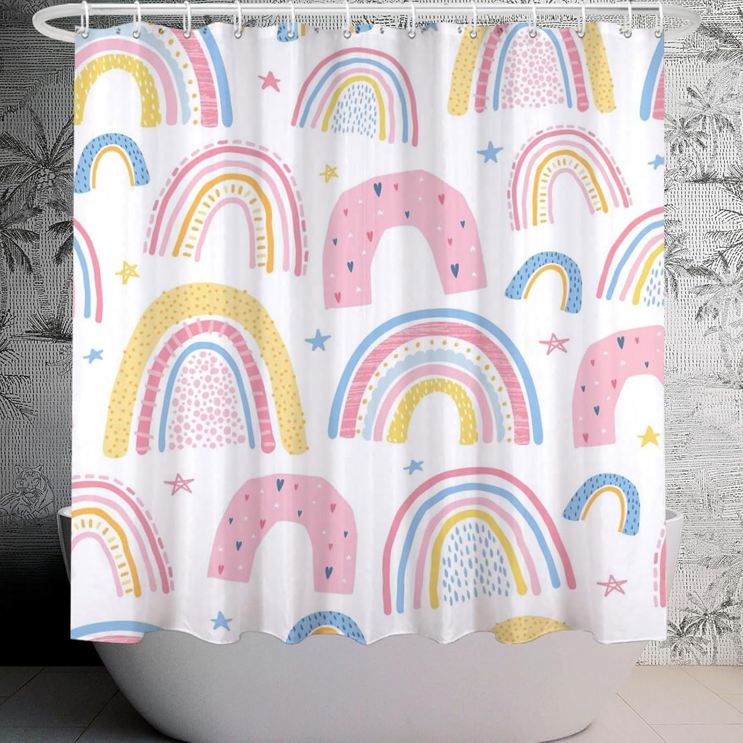 Cortina de ducha de arco iris, lavable para niños, bonita cortina de ducha impermeable de tela de poliéster con 12 ganchos, decoración de baño, 72 x