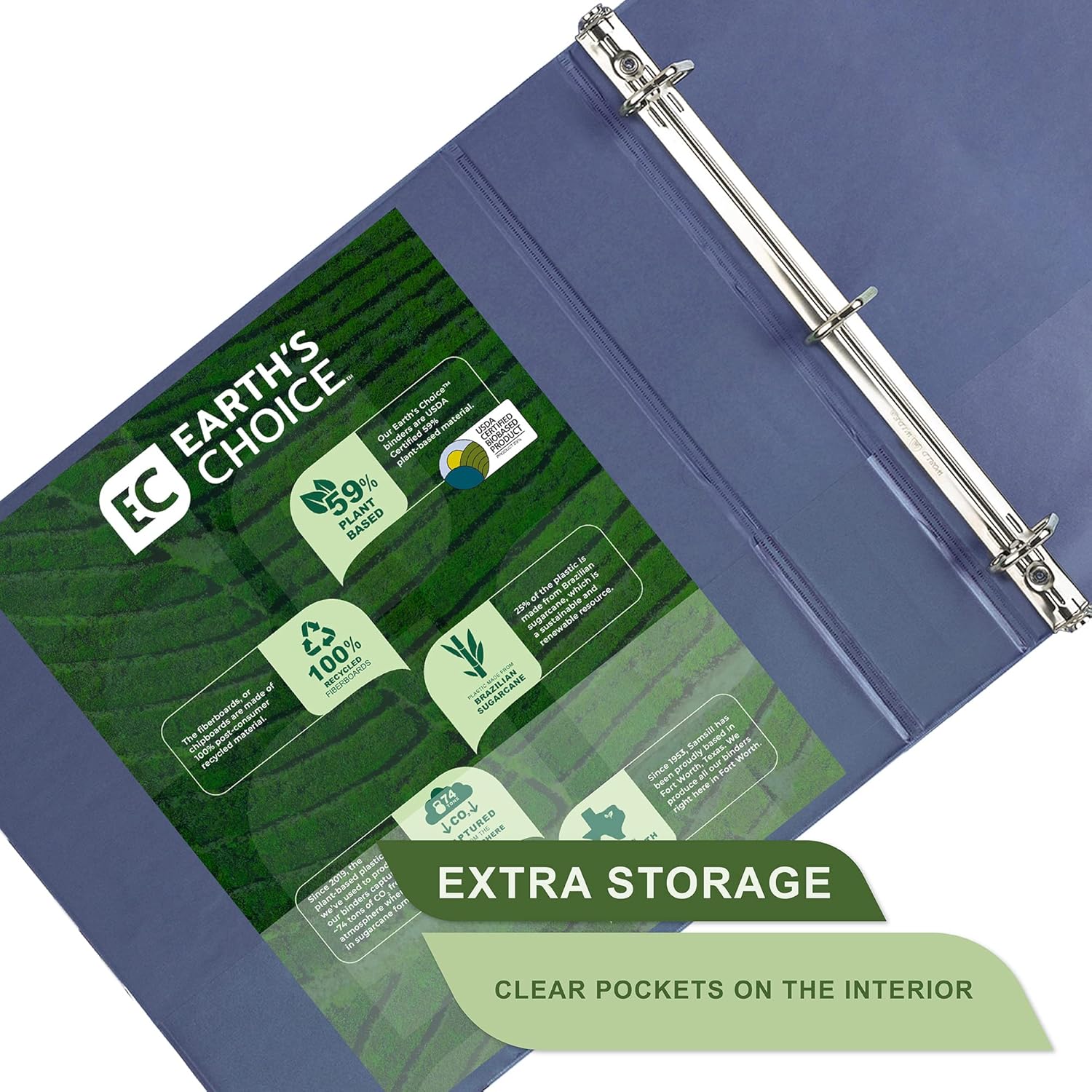 Samsill Earth’s Choice – Paquete de 2 carpetas duraderas con anillo en D de 1.5 pulgadas, con base biológica certificada por USDA, ecológica, azul