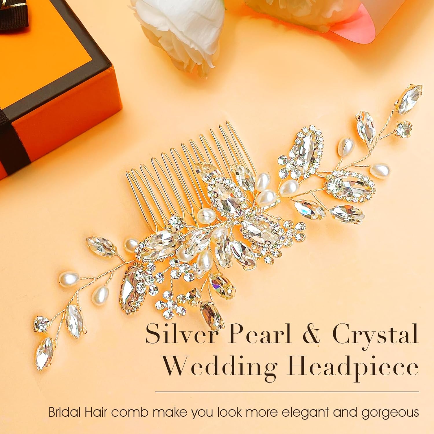 Peine de pelo de novia de cristal con diamantes de imitación de perlas para el cabello de novia, accesorios para el cabello de novia plateados,