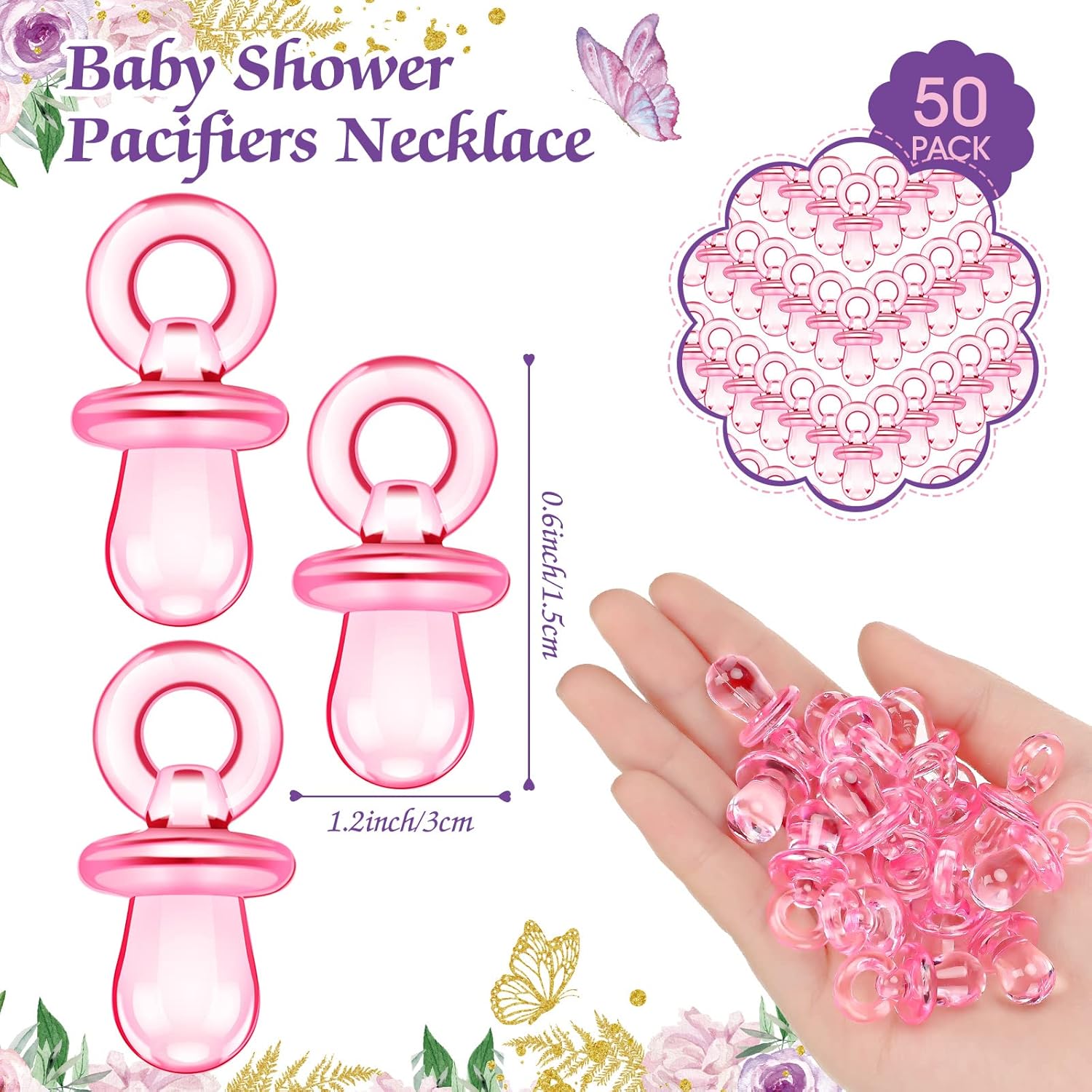 51 juegos geniales para baby shower, incluyen letrero de caza de chupete de mariposa y 50 chupetes acrílicos para bebé, mini chupetes para fiesta de