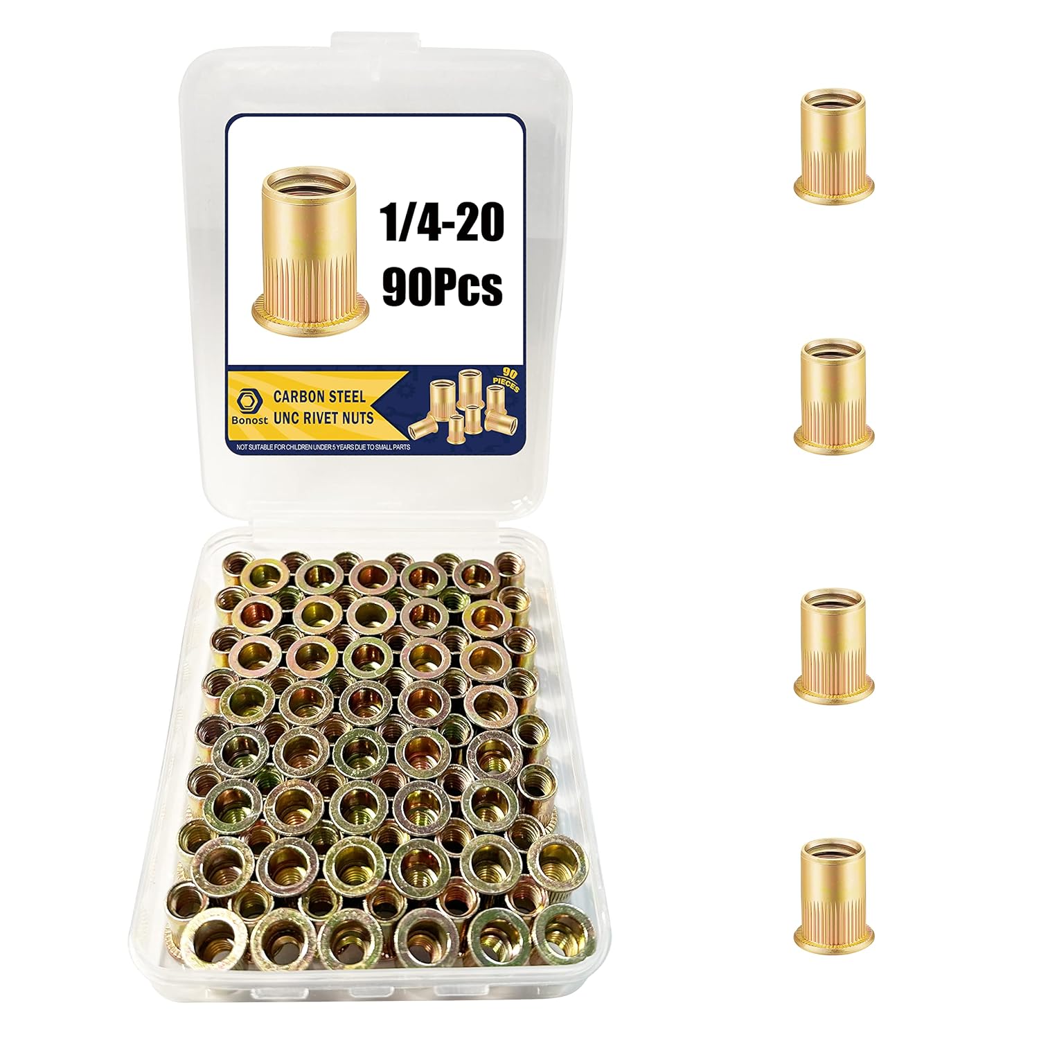 Bonost 90 tuercas remachables de 14″-20 piezas  Tuerca de remache roscada SAE  Tuerca de remache de acero al carbono para plástico, fibra de vidrio,