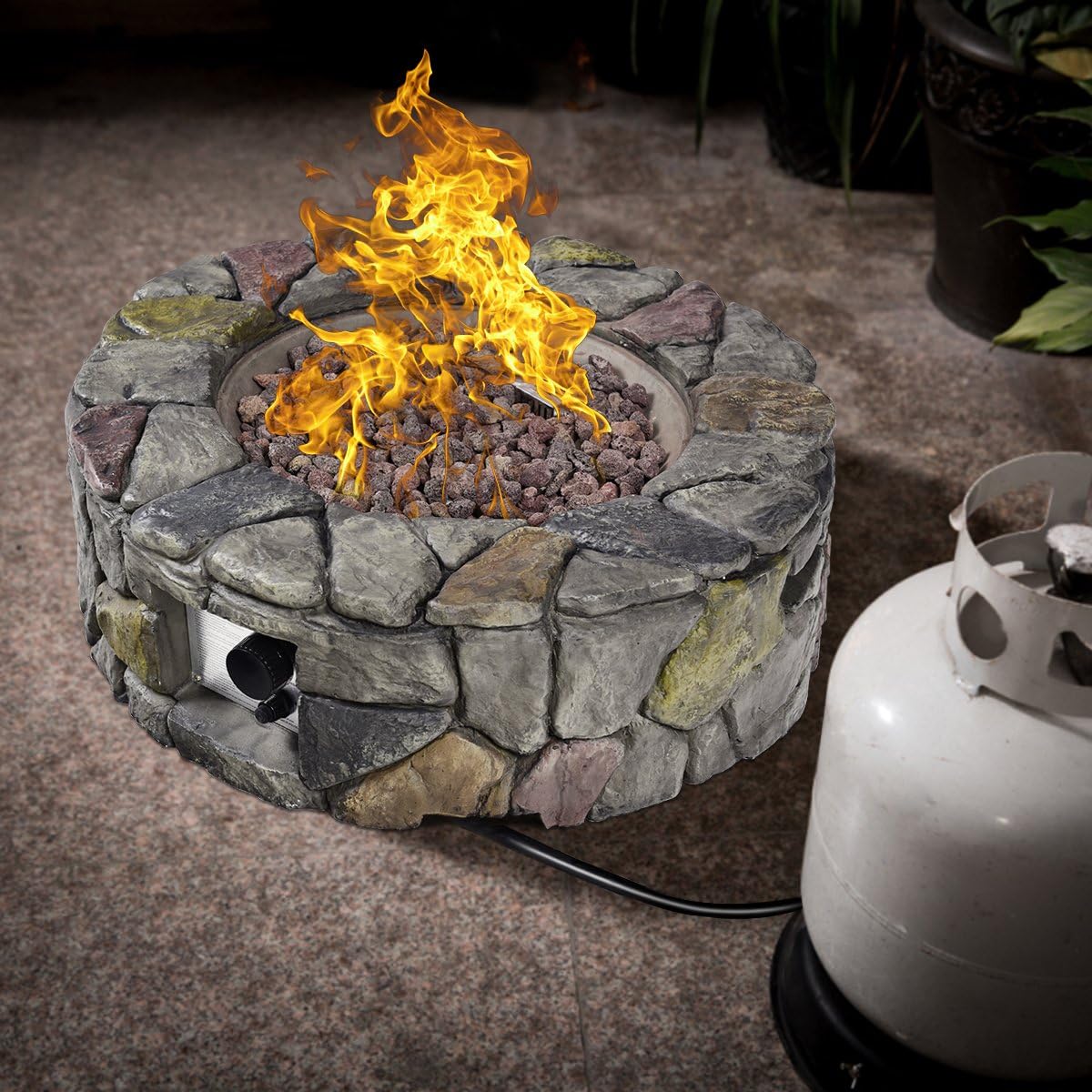 Giantex – Fogata de gas (28 pulgadas, 40,000 BTU para exteriores con piedra natural, cubierta, certificación ETL, quemador de gas de acero