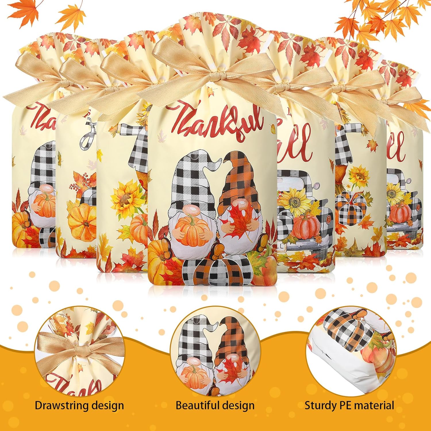 Qeeenar 60 bolsas de plástico de otoño con cordón, pequeñas bolsas de regalo de otoño a granel, hojas de arce y calabaza, bolsas de plástico para