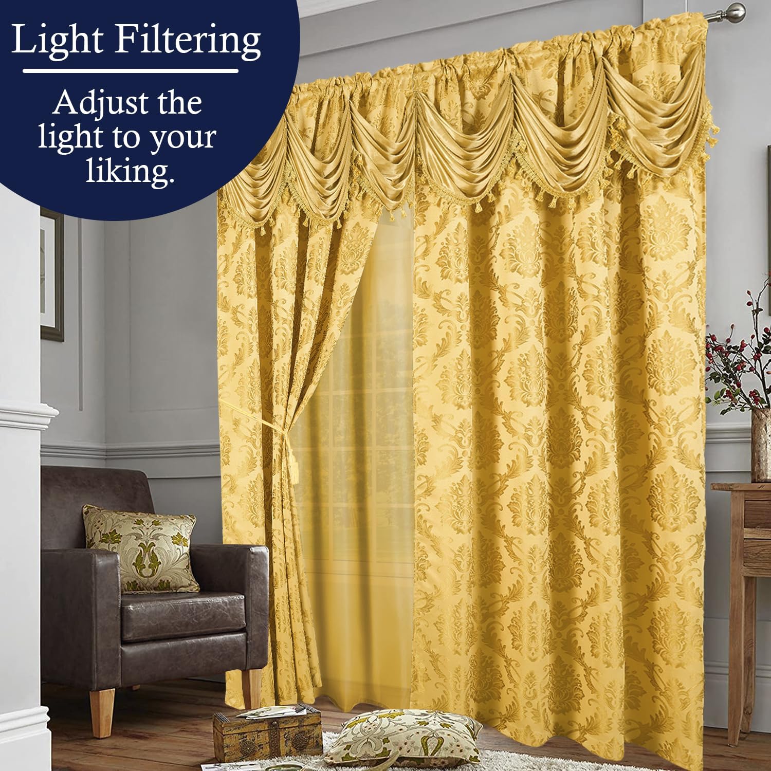 DreamField Linen Juego de 2 paneles de cortinas de jacquard de lujo para ventana, con cenefa adjunta y dos alzapaños, 108 x 84 pulgadas de largo,