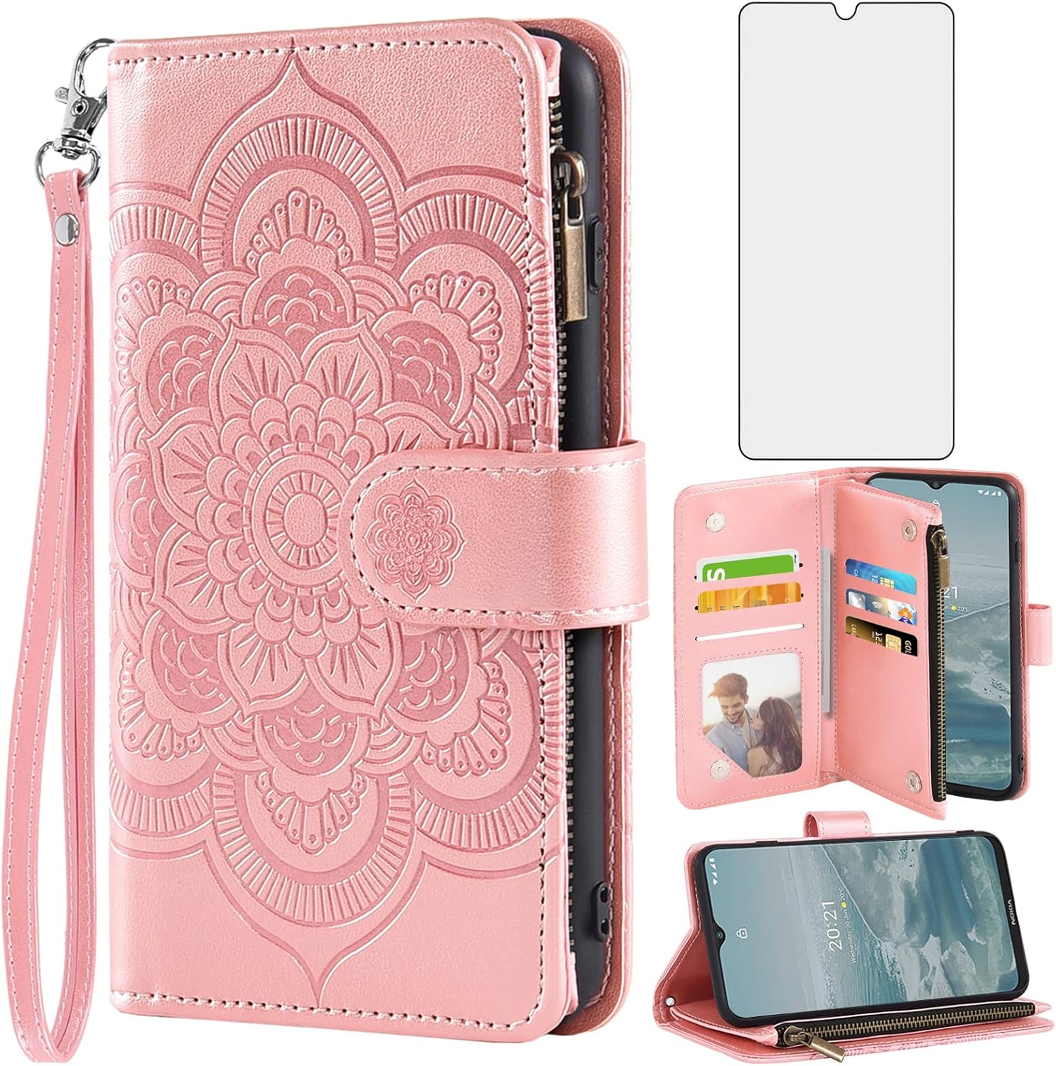 Asuwish Funda de teléfono para Nokia G50 5G con protector de pantalla de vidrio templado y tarjetero de cuero con diseño de flores, soporte para