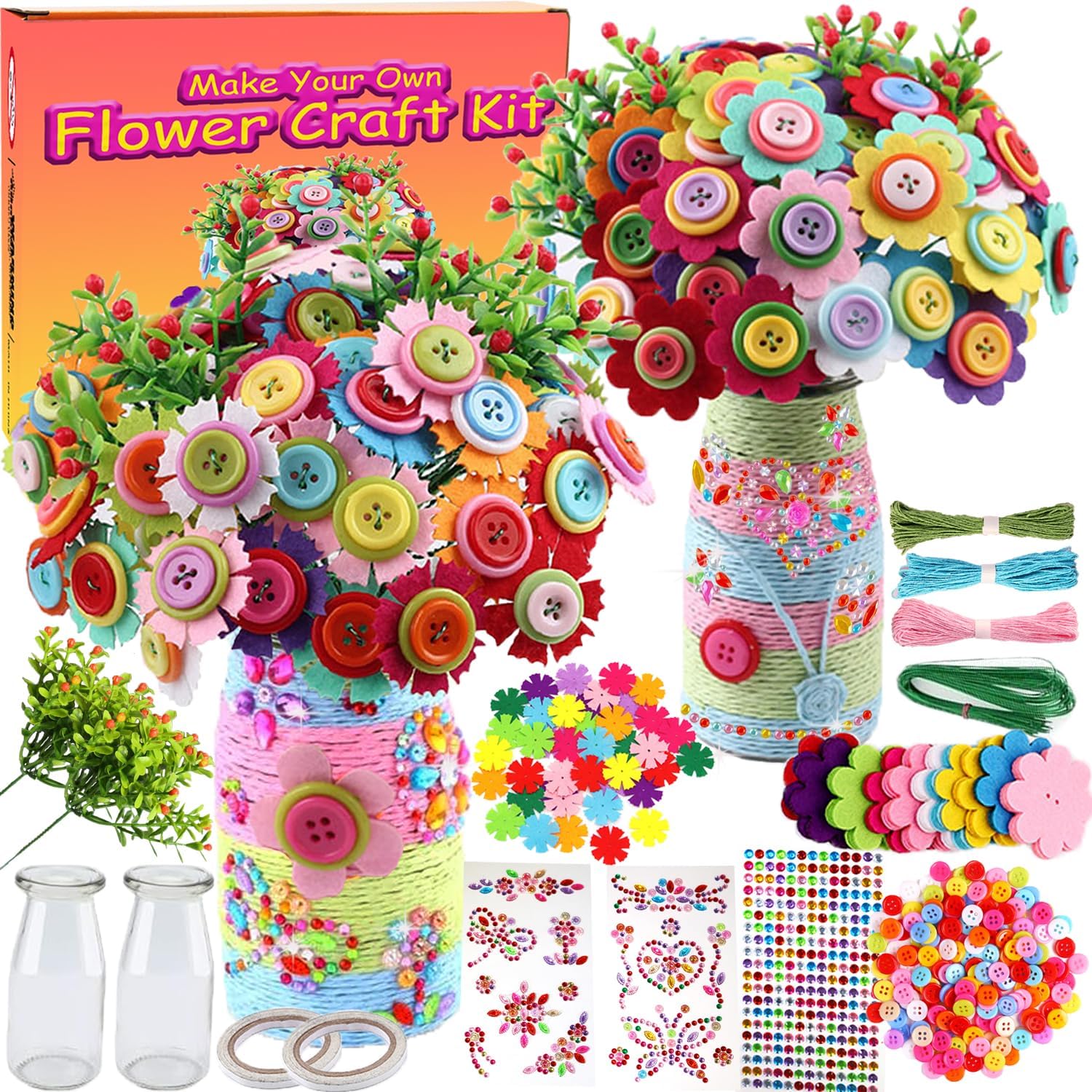 Korilave Manualidades para niñas de 6 a 8 años, haz tu propio ramo de flores con botones y flores de fieltro, arte y manualidades para niños de 8 a