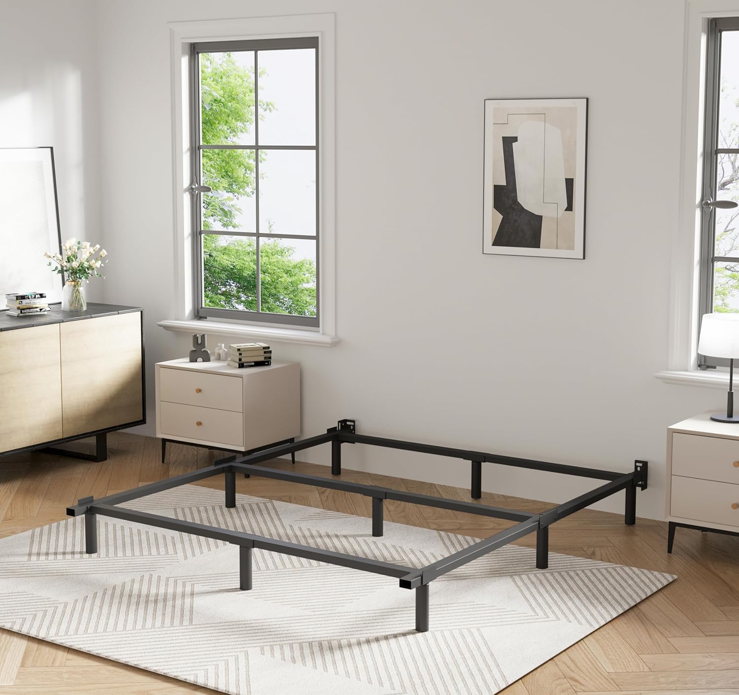 Base de cama de tamaño matrimonial, marco de cama Metal Basics de 9 pulgadas, base de alto perfil para somier, soporte de 9 patas, sin ruido, fácil