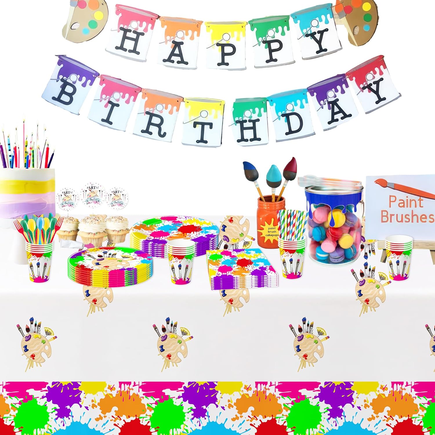 Vajilla de decoración de fiesta de arte, suministros para fiestas de pintura, plato de papel, taza, servilleta, mantel, cubiertos, pintura