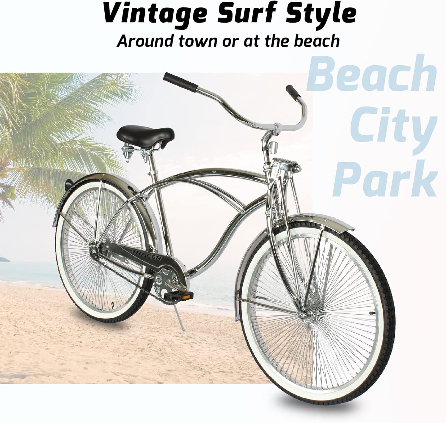 Tracer Cheetah – Bicicleta Beach Cruiser Lowrider de 26 pulgadas, marco cromado de acero, horquilla Springer, manillar tipo luna de una sola