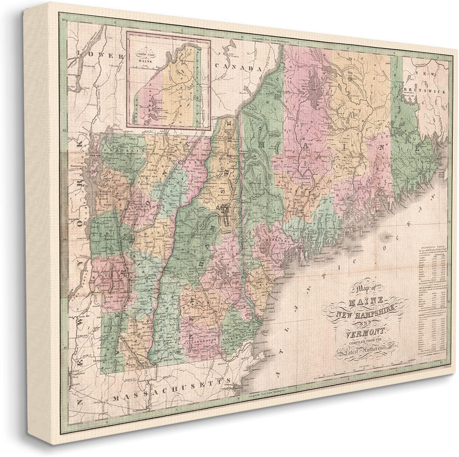 Stupell Industries Lienzo decorativo para pared, diseño de Daphne Polselli, mapa del norte de Inglaterra, Maine Vermont New Hampshire, 30 x 24