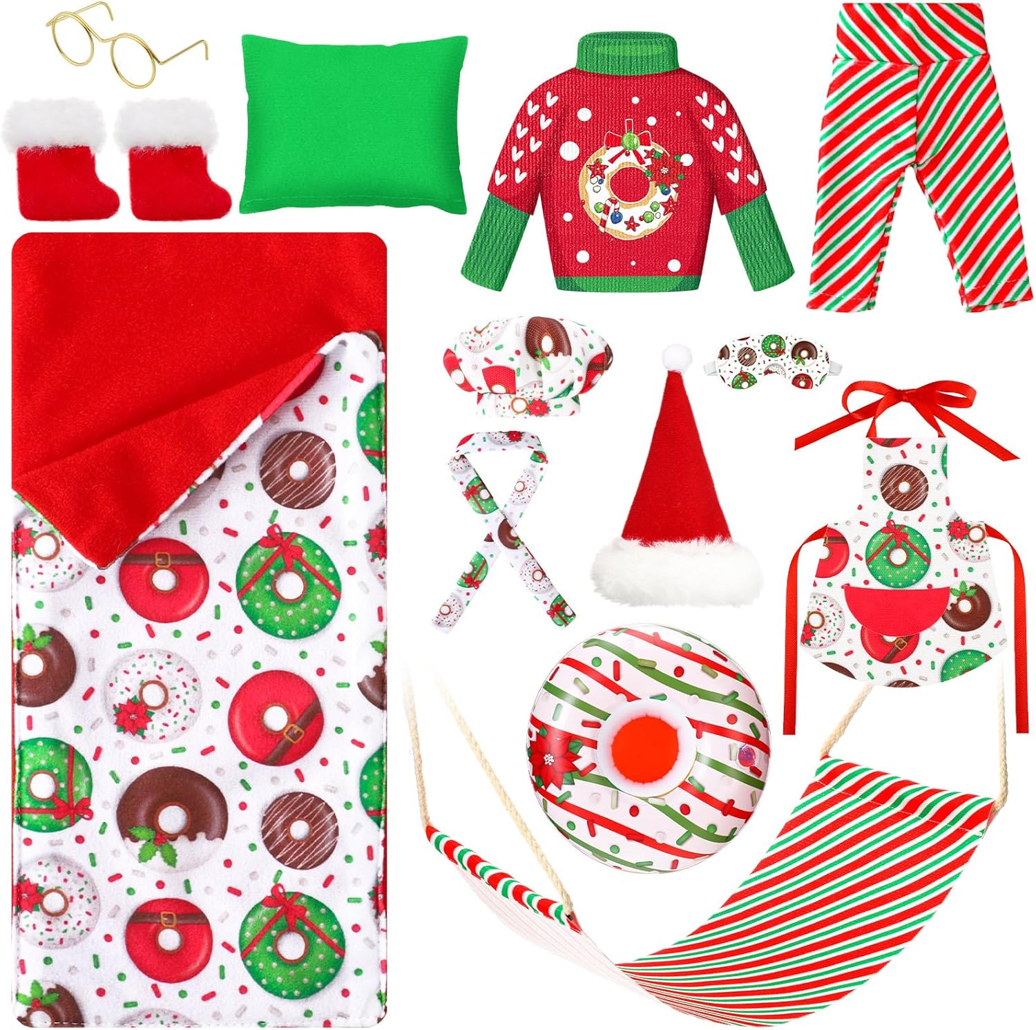 Juego de 13 piezas de accesorios de muñeca elfo de Navidad, ropa de elfo en ropa, dona, traje de dona, bufanda, saco de dormir, suéter, albornoz,