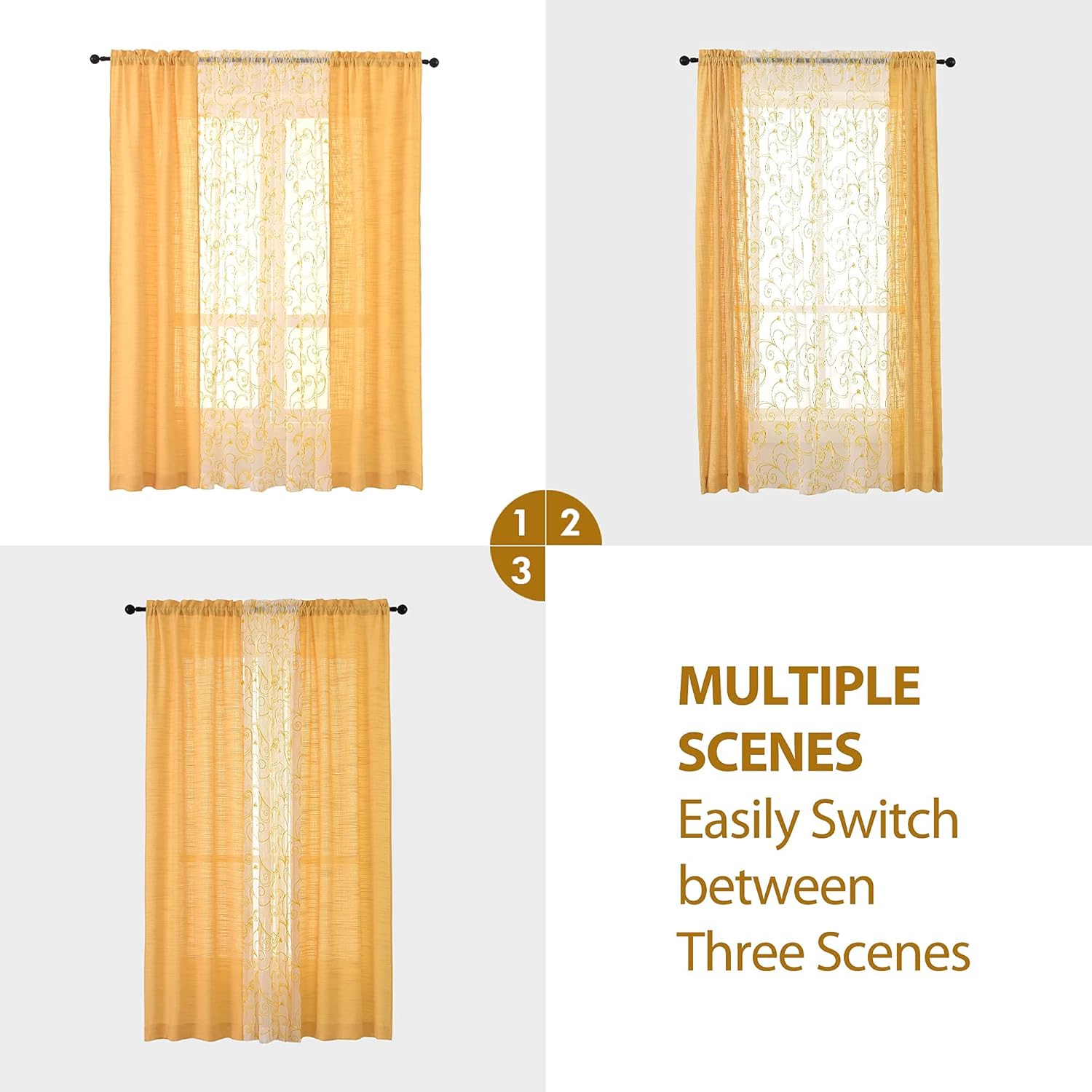 AUFENLLY – 2 cortinas semitraslúcidas con bordado de flores y 2 cortinas de arpillera para privacidad juego de 4 paneles amarillos para sala de