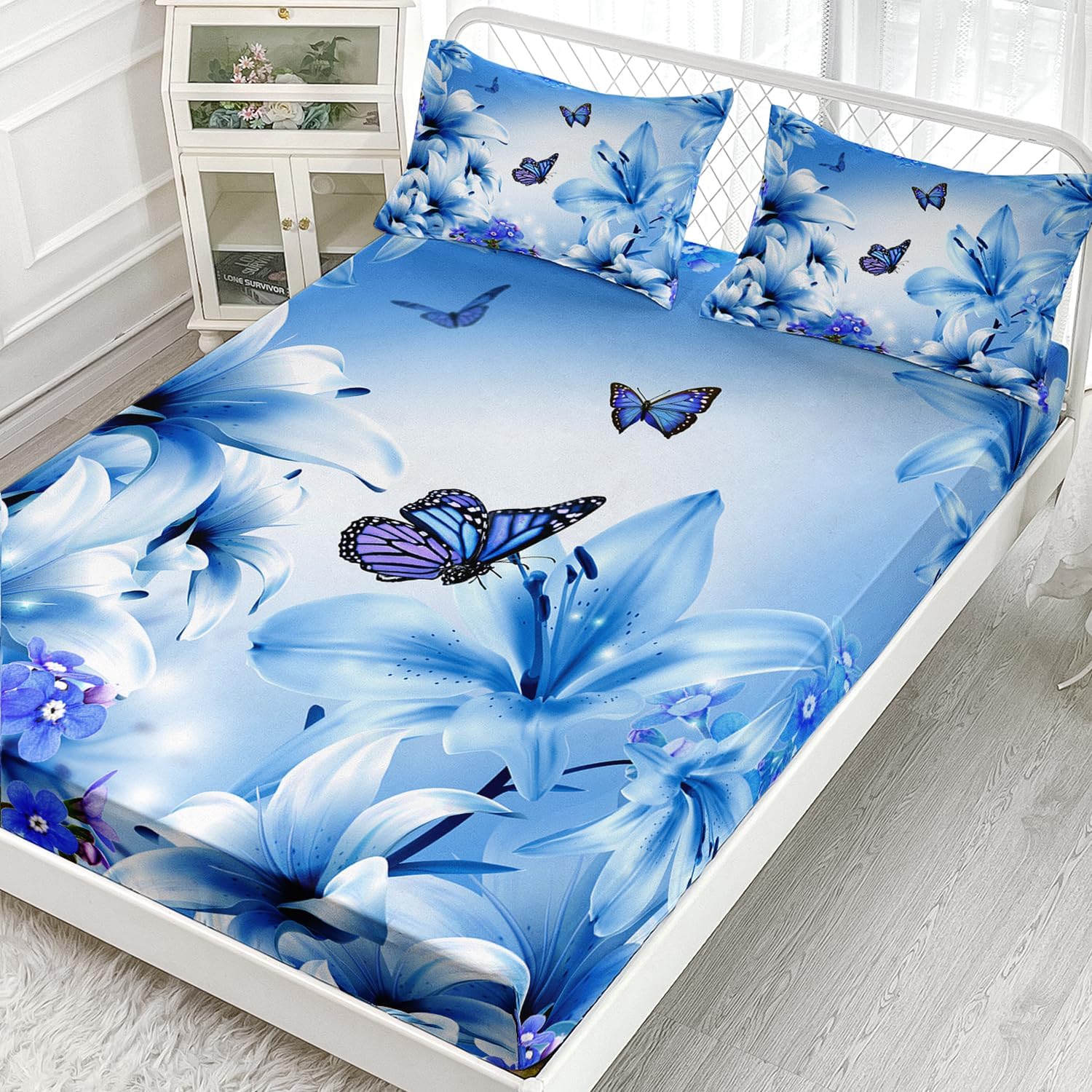 AILONEN Juego de sábanas bajeras de mariposa tamaño matrimonial, juego de sábanas de flores botánicas, juego de ropa de cama de mariposa voladora,