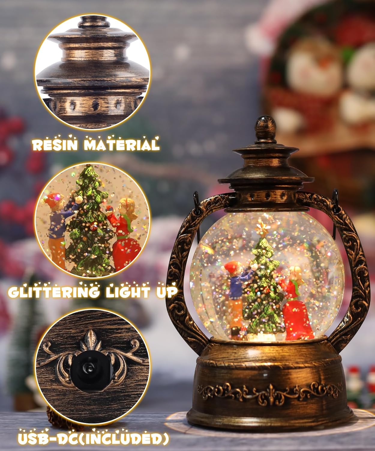 Linterna de globo de nieve de Navidad, decoración musical de globo de nieve con purpurina iluminada, temporizador de 6 horas, funciona con USB y